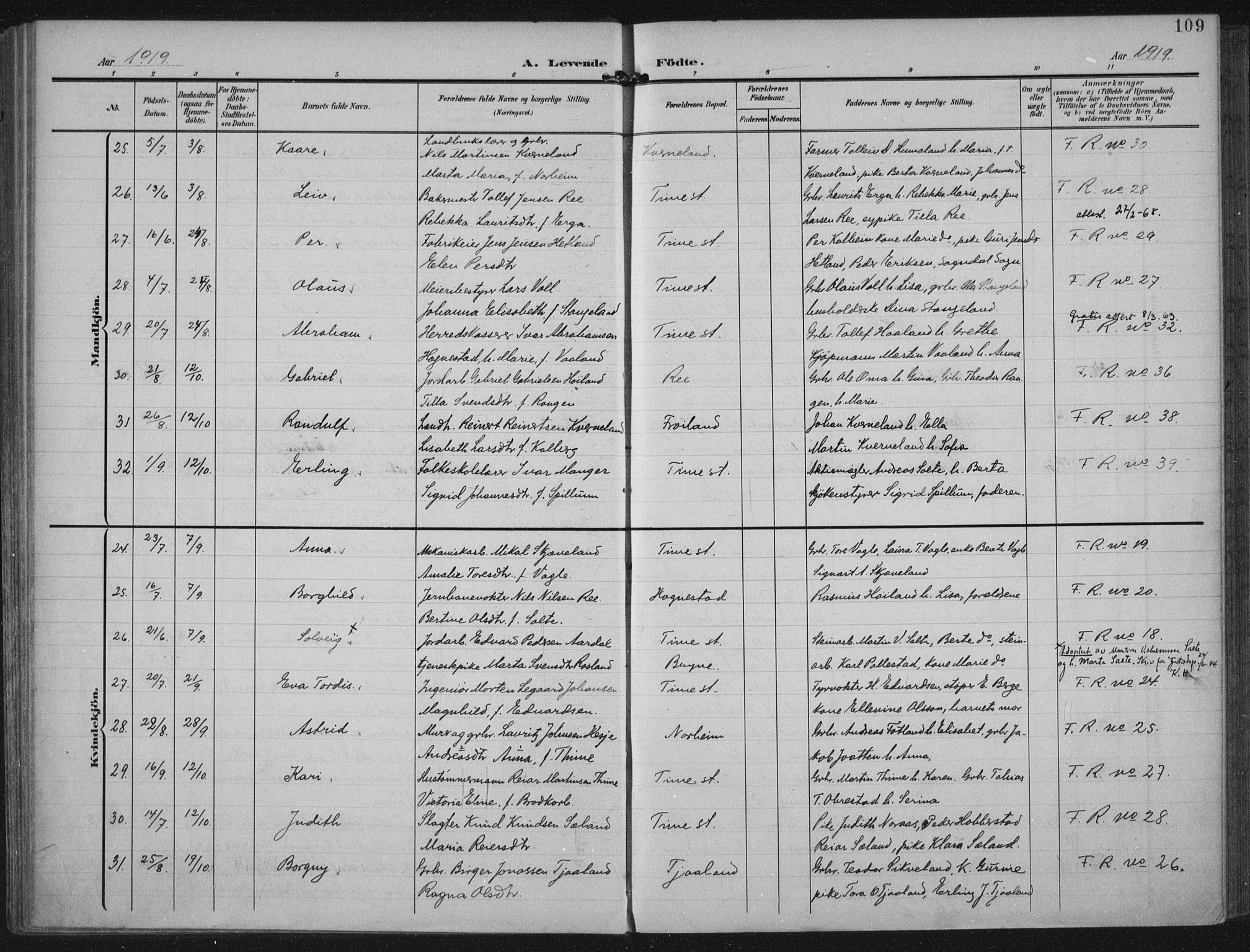 Lye sokneprestkontor, AV/SAST-A-101794/002/A/L0001: Parish register (official) no. A 12, 1904-1920, p. 109