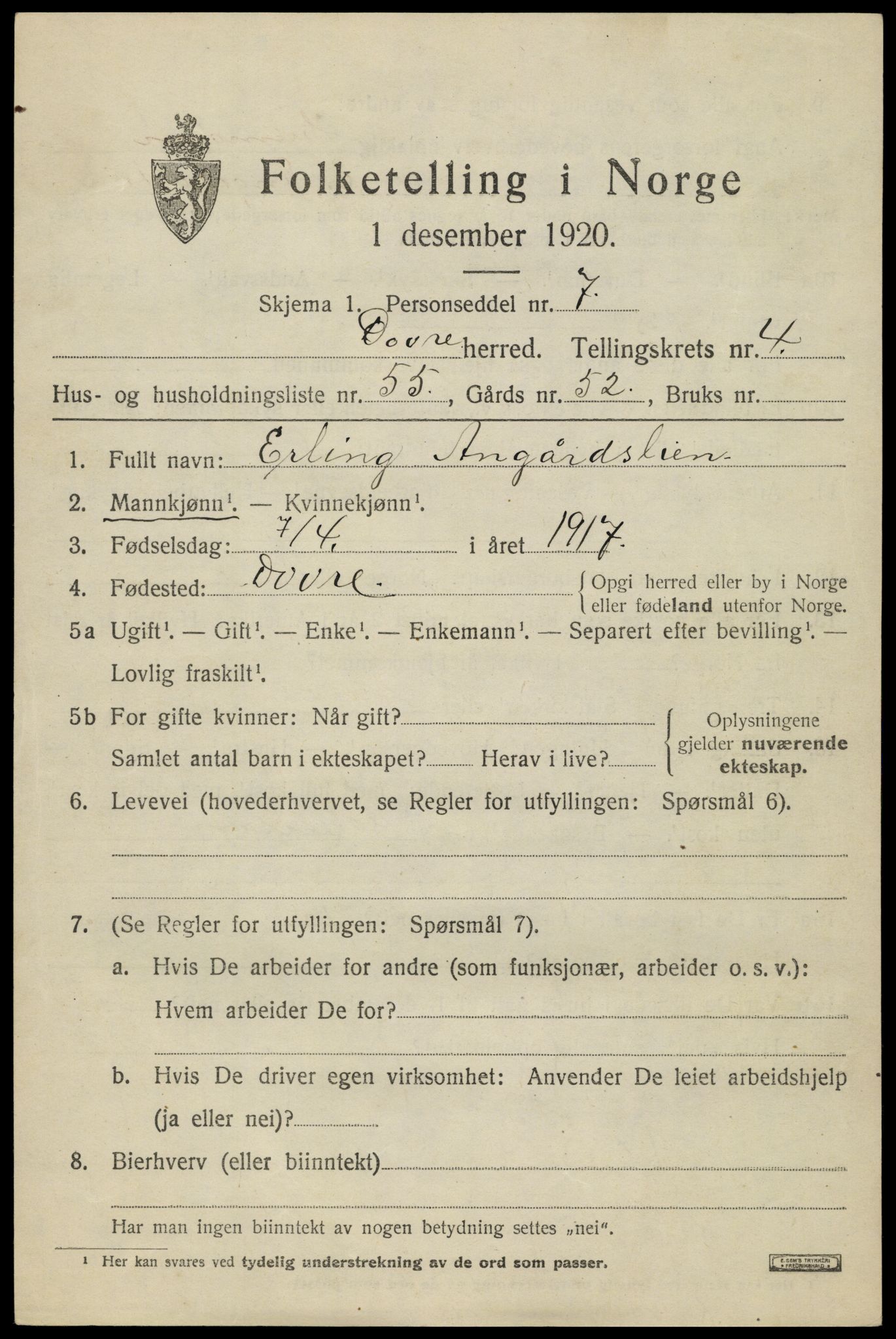 SAH, 1920 census for Dovre, 1920, p. 5176