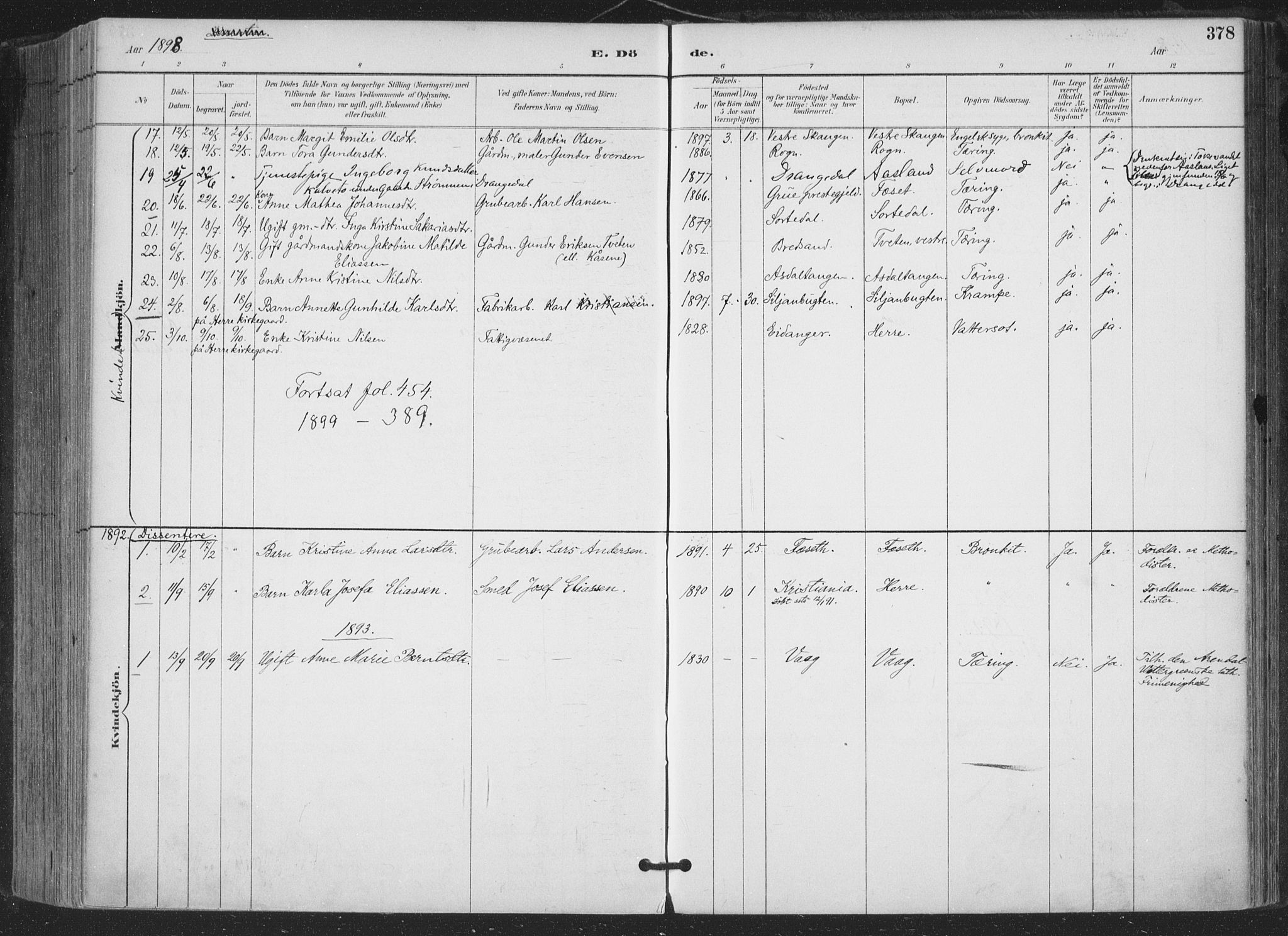 Bamble kirkebøker, SAKO/A-253/F/Fa/L0008: Parish register (official) no. I 8, 1888-1900, p. 378