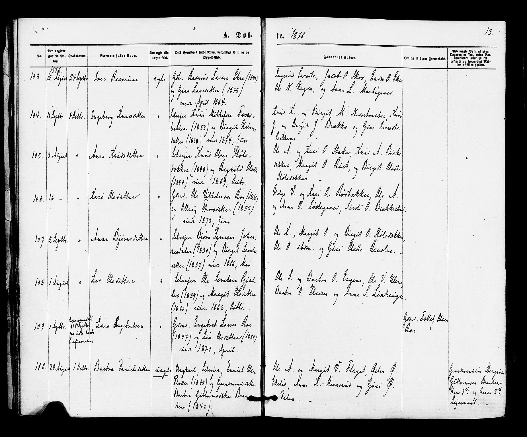 Gol kirkebøker, SAKO/A-226/F/Fa/L0004: Parish register (official) no. I 4, 1876-1886, p. 13