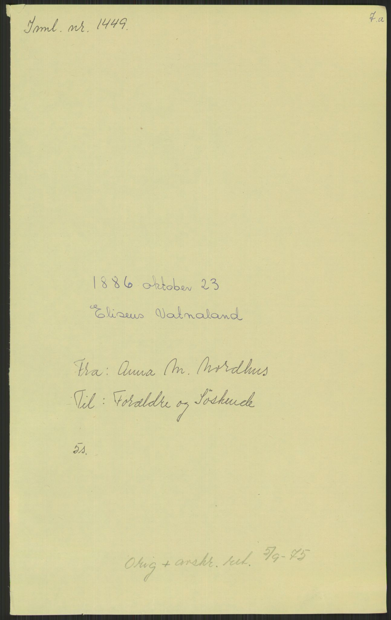 Samlinger til kildeutgivelse, Amerikabrevene, AV/RA-EA-4057/F/L0030: Innlån fra Rogaland: Vatnaland - Øverland, 1838-1914, p. 91