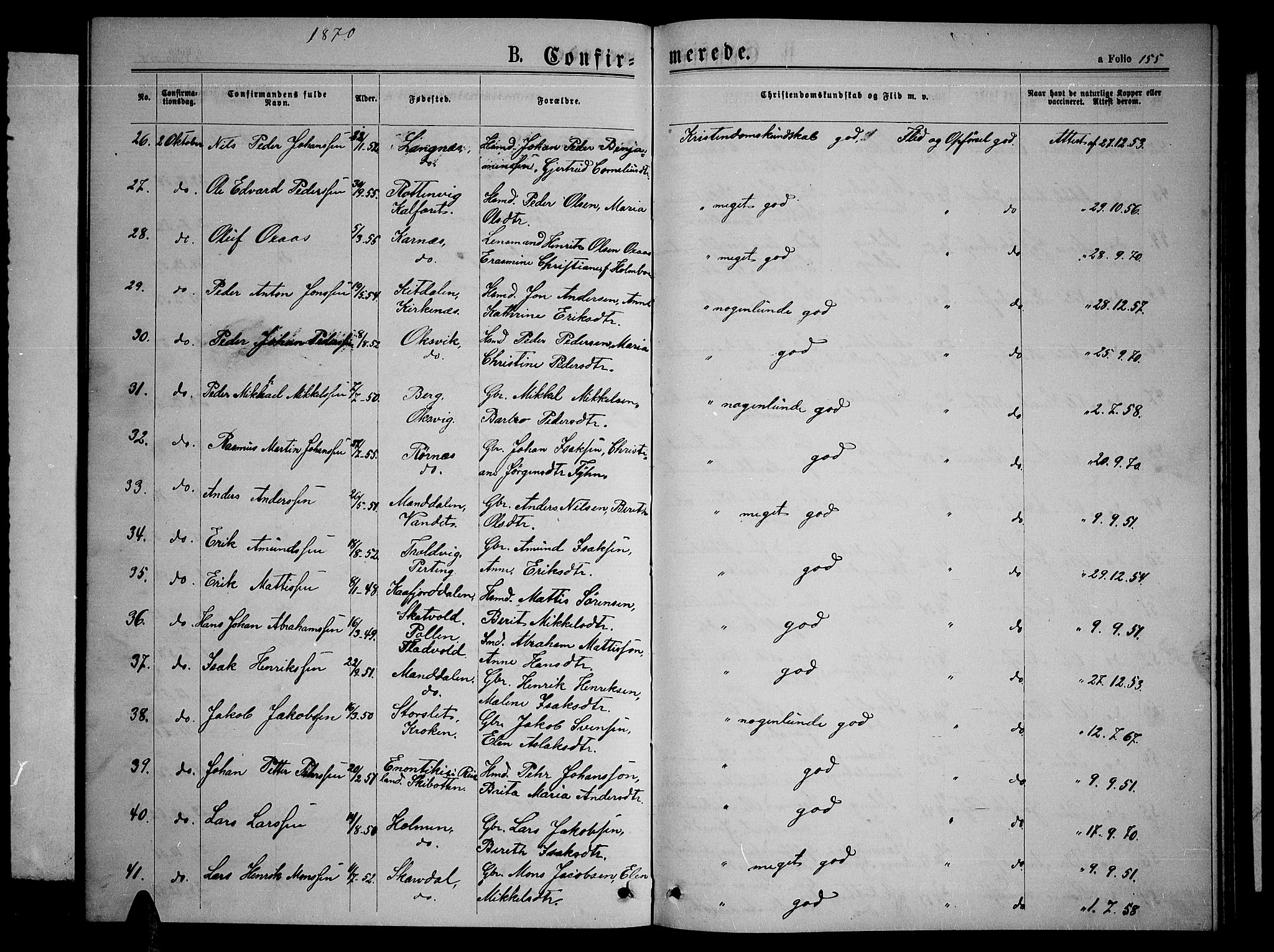 Lyngen sokneprestembete, SATØ/S-1289/H/He/Heb/L0004klokker: Parish register (copy) no. 4, 1868-1878, p. 155