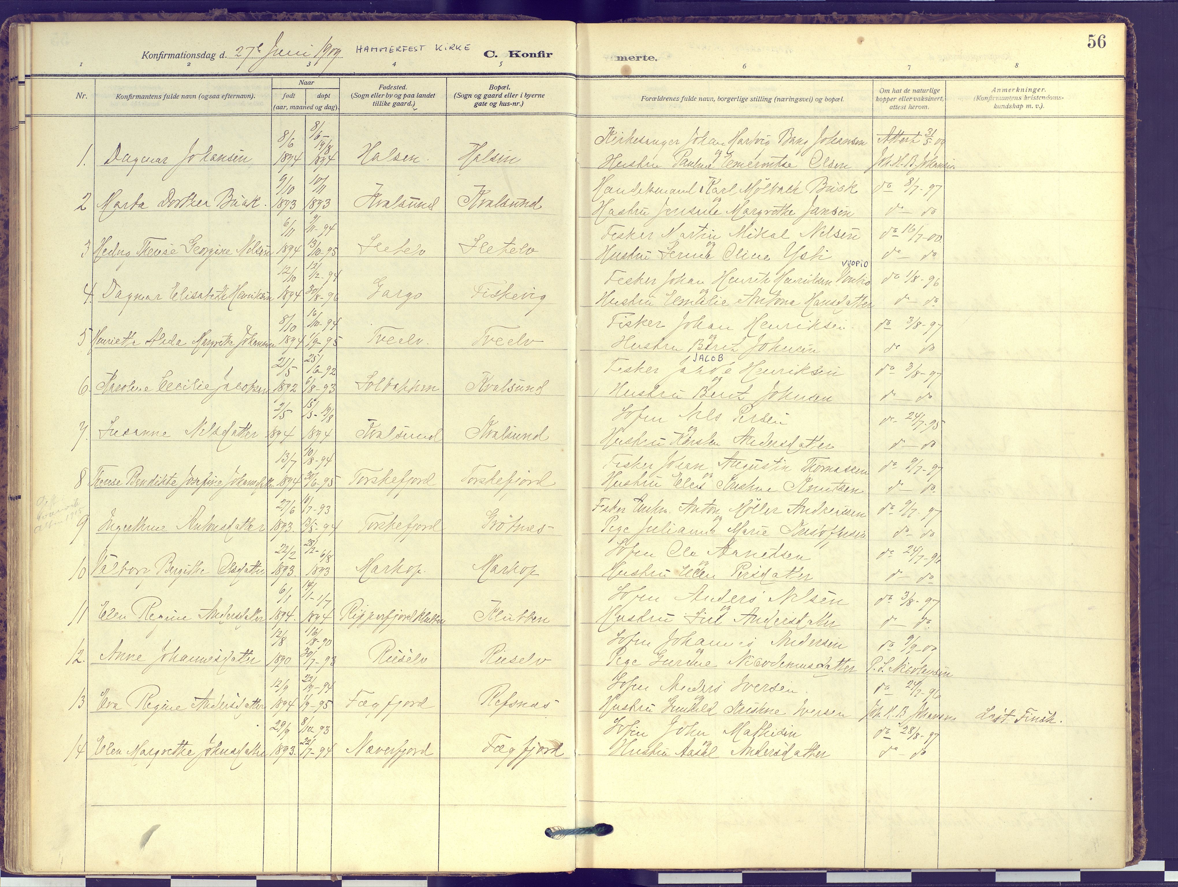 Hammerfest sokneprestkontor, SATØ/S-1347: Parish register (official) no. 16, 1908-1923, p. 56