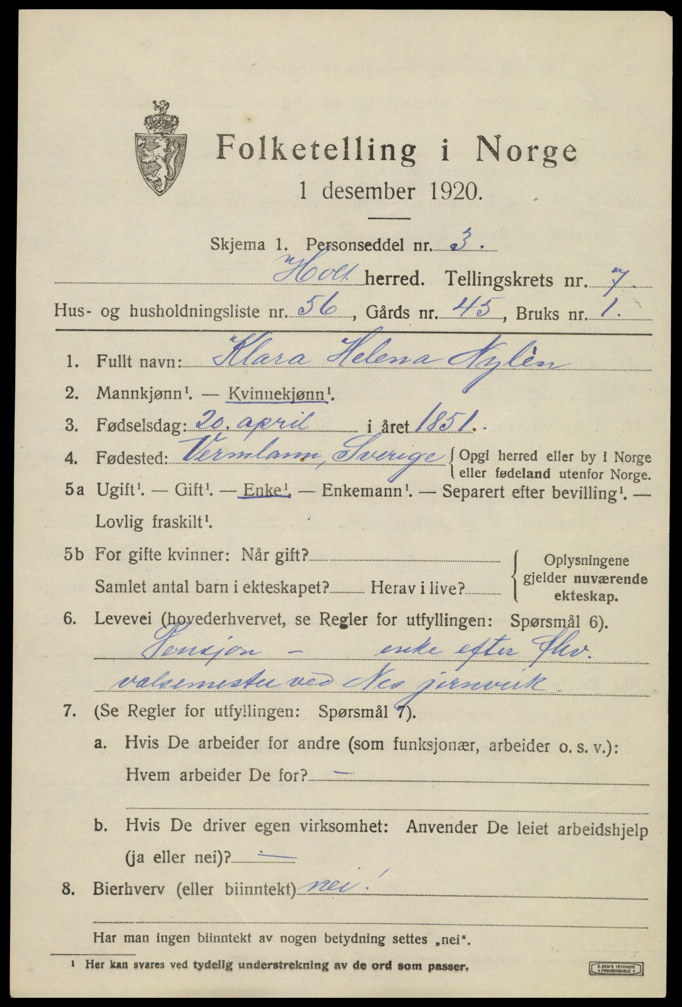 SAK, 1920 census for Holt, 1920, p. 4852