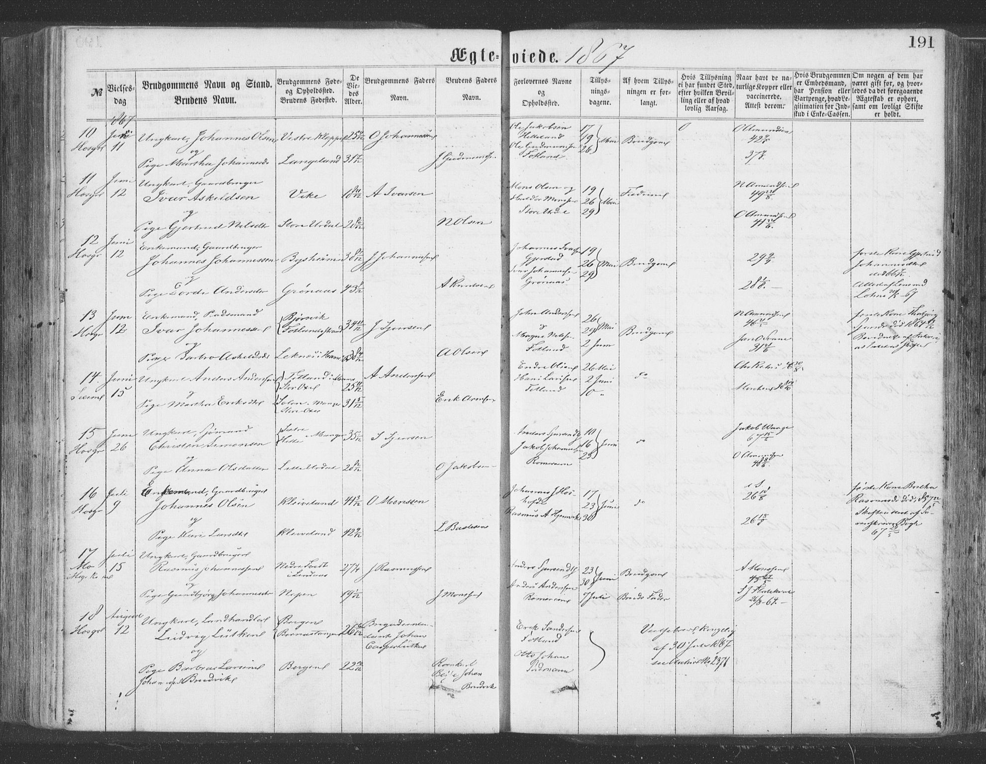 Hosanger sokneprestembete, AV/SAB-A-75801/H/Haa: Parish register (official) no. A 9, 1864-1876, p. 191