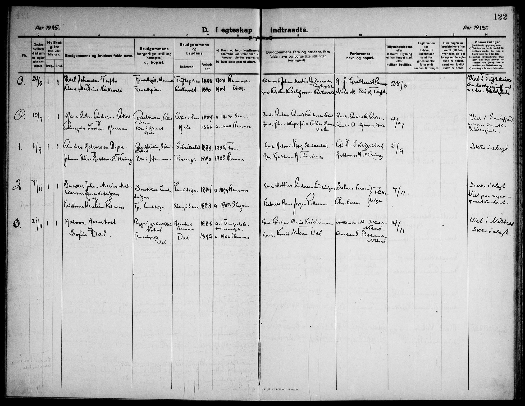 Ramnes kirkebøker, SAKO/A-314/F/Fa/L0009: Parish register (official) no. I 9, 1912-1929, p. 122