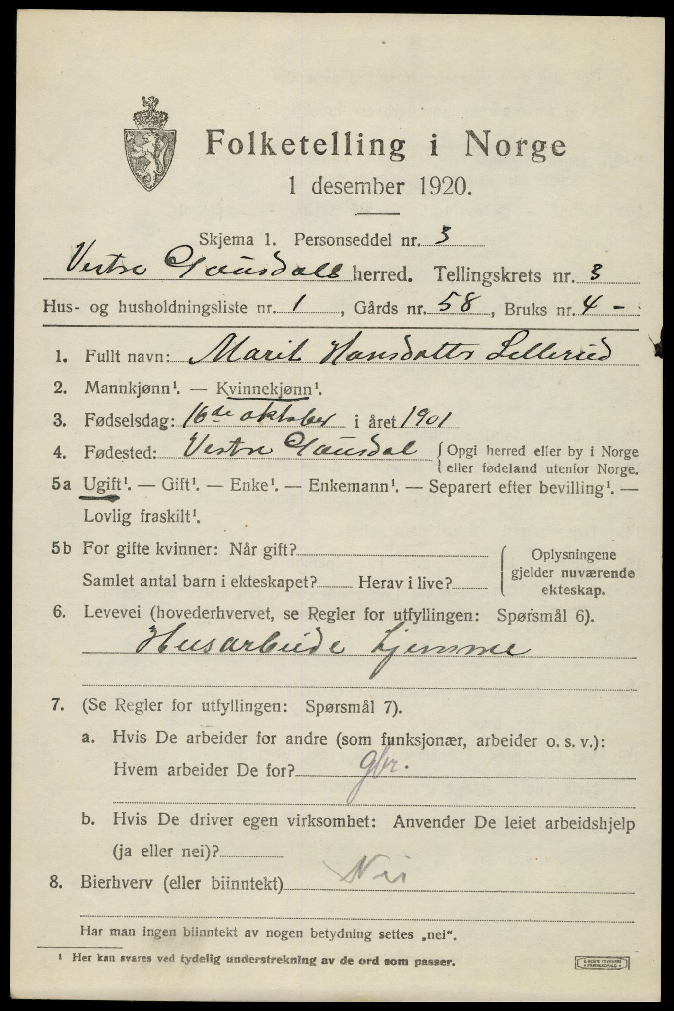 SAH, 1920 census for Vestre Gausdal, 1920, p. 2341