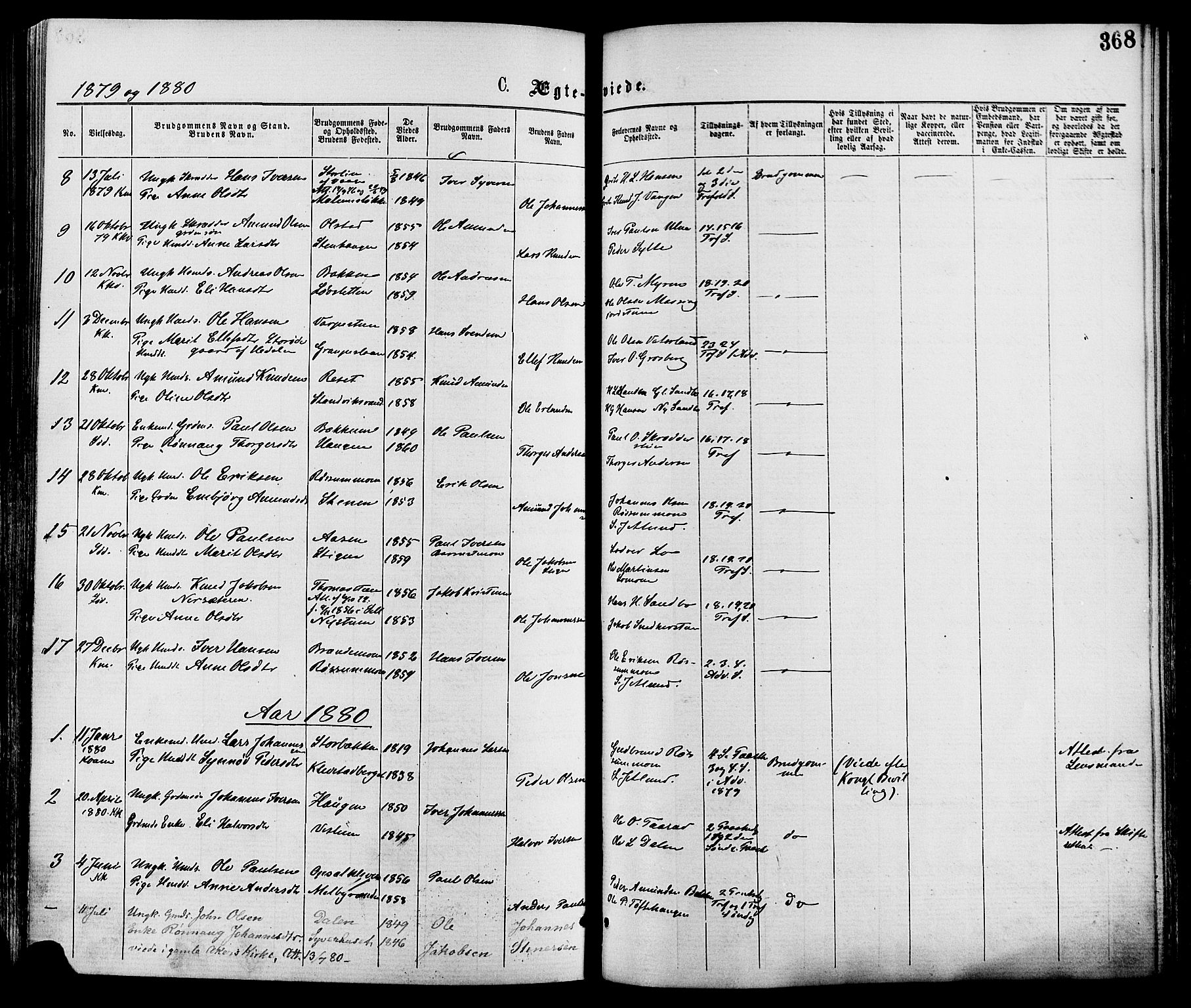 Nord-Fron prestekontor, SAH/PREST-080/H/Ha/Haa/L0002: Parish register (official) no. 2, 1865-1883, p. 368
