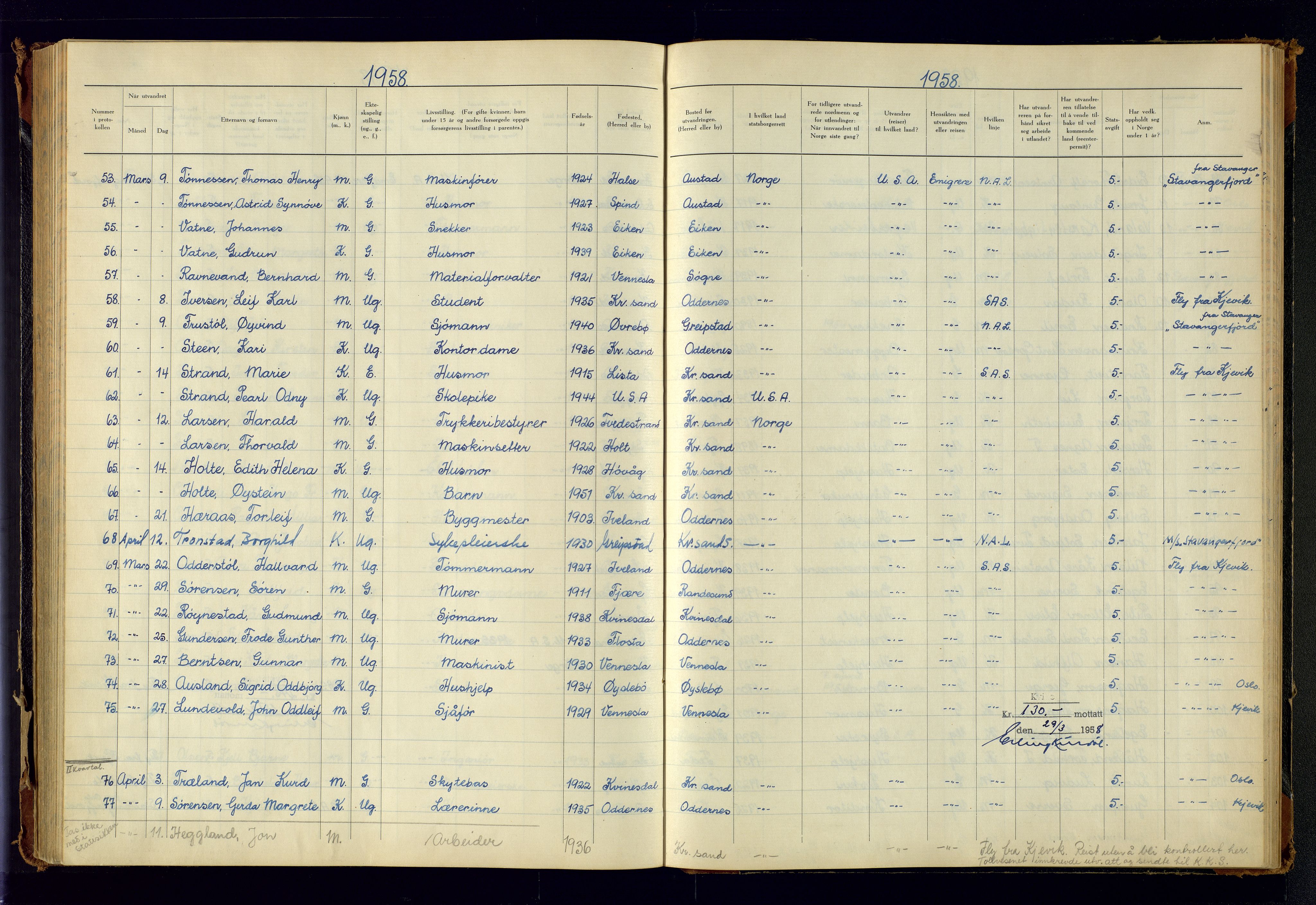 Kristiansand politikammer, AV/SAK-1243-0004/K/Kb/L0249: Emigrantprotokoll, 1951-1961, p. 138