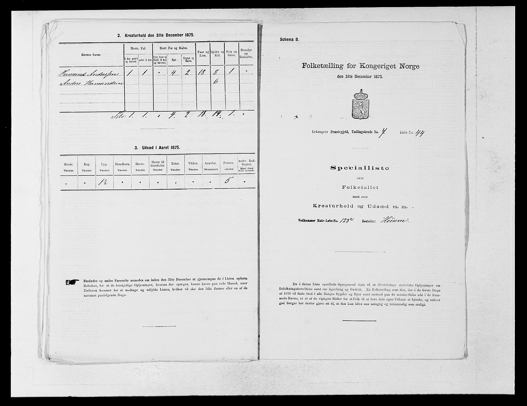 SAB, 1875 census for 1419P Leikanger, 1875, p. 624