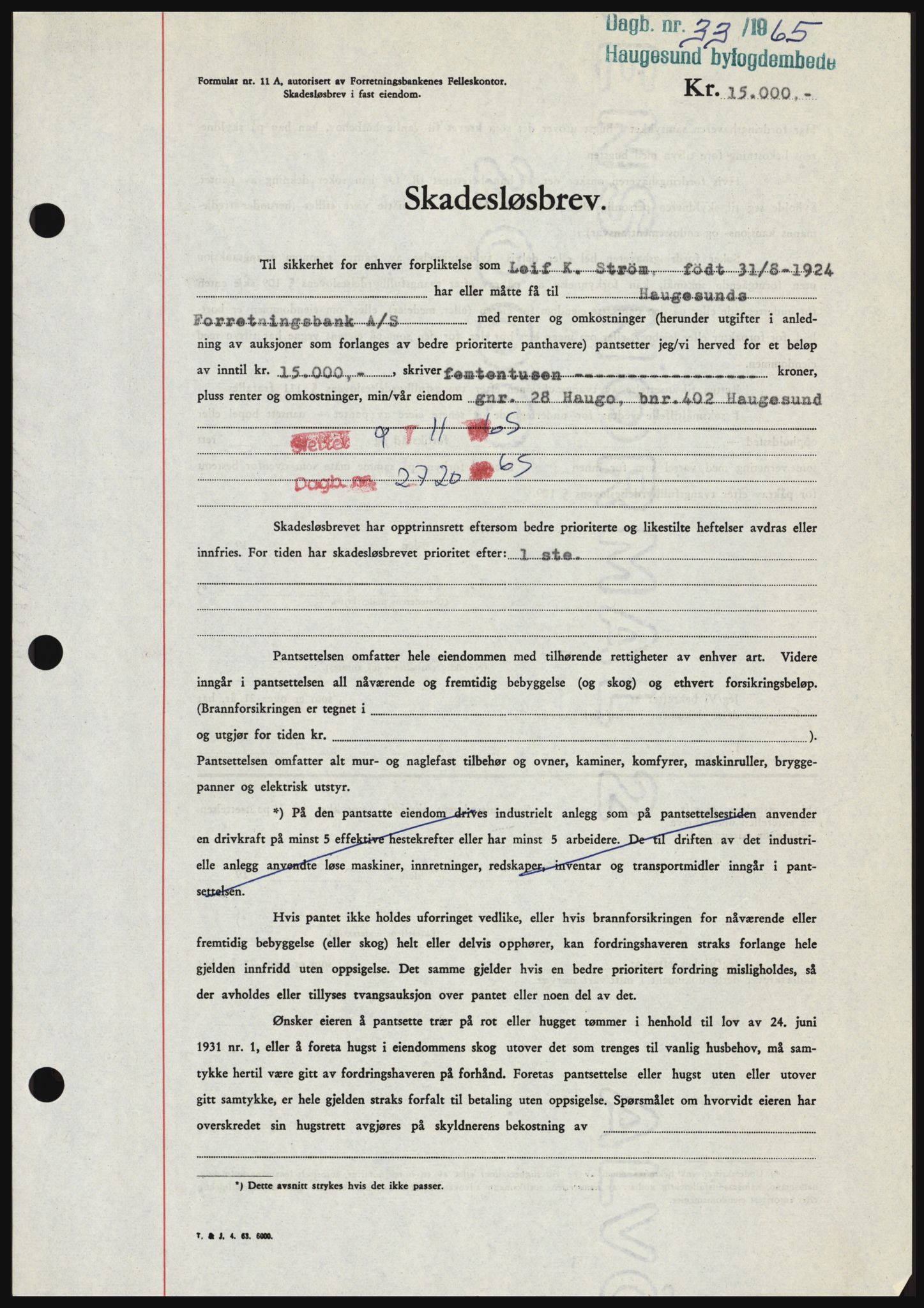 Haugesund tingrett, SAST/A-101415/01/II/IIC/L0053: Mortgage book no. B 53, 1965-1965, Diary no: : 33/1965