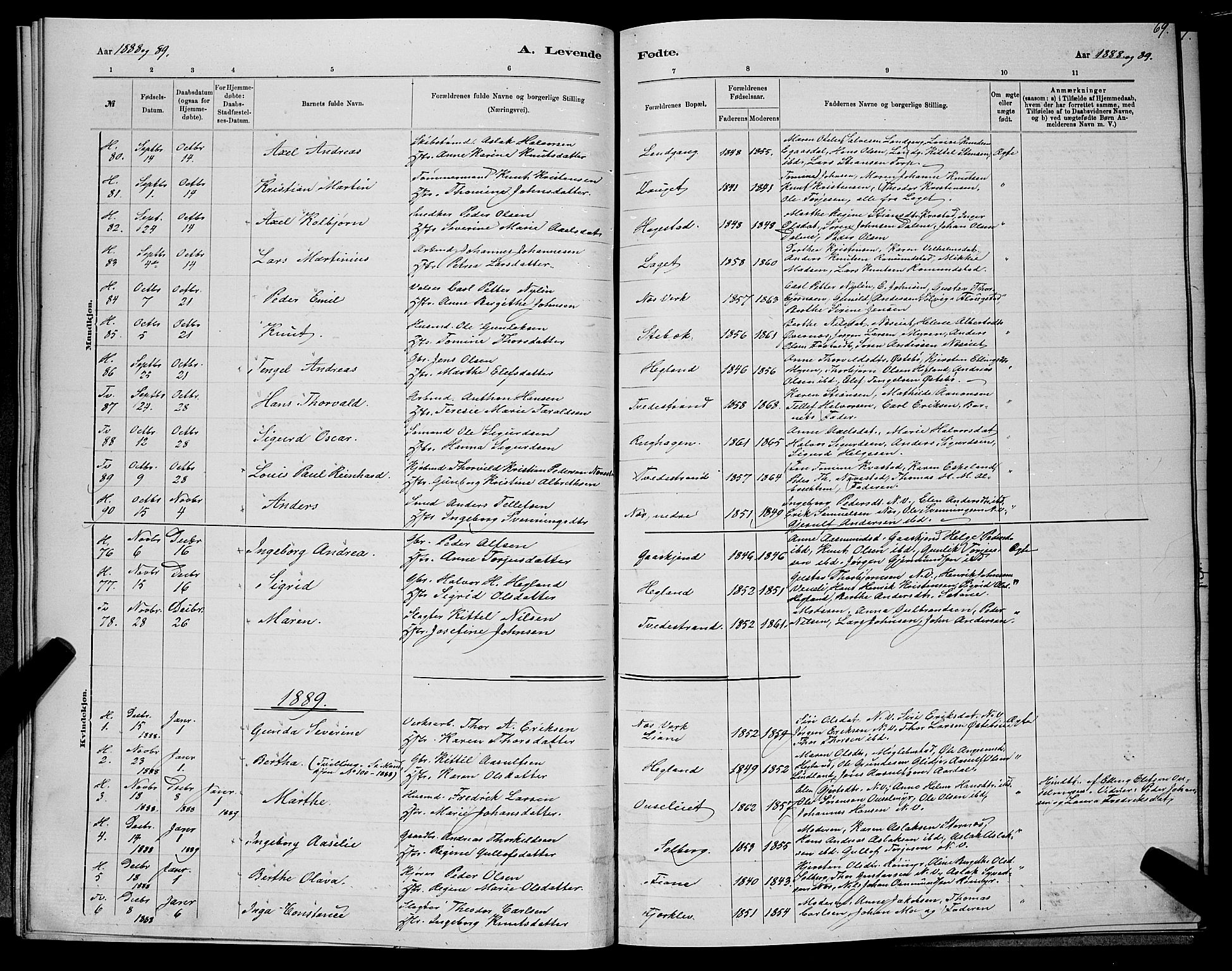 Holt sokneprestkontor, SAK/1111-0021/F/Fb/L0010: Parish register (copy) no. B 10, 1883-1896, p. 69