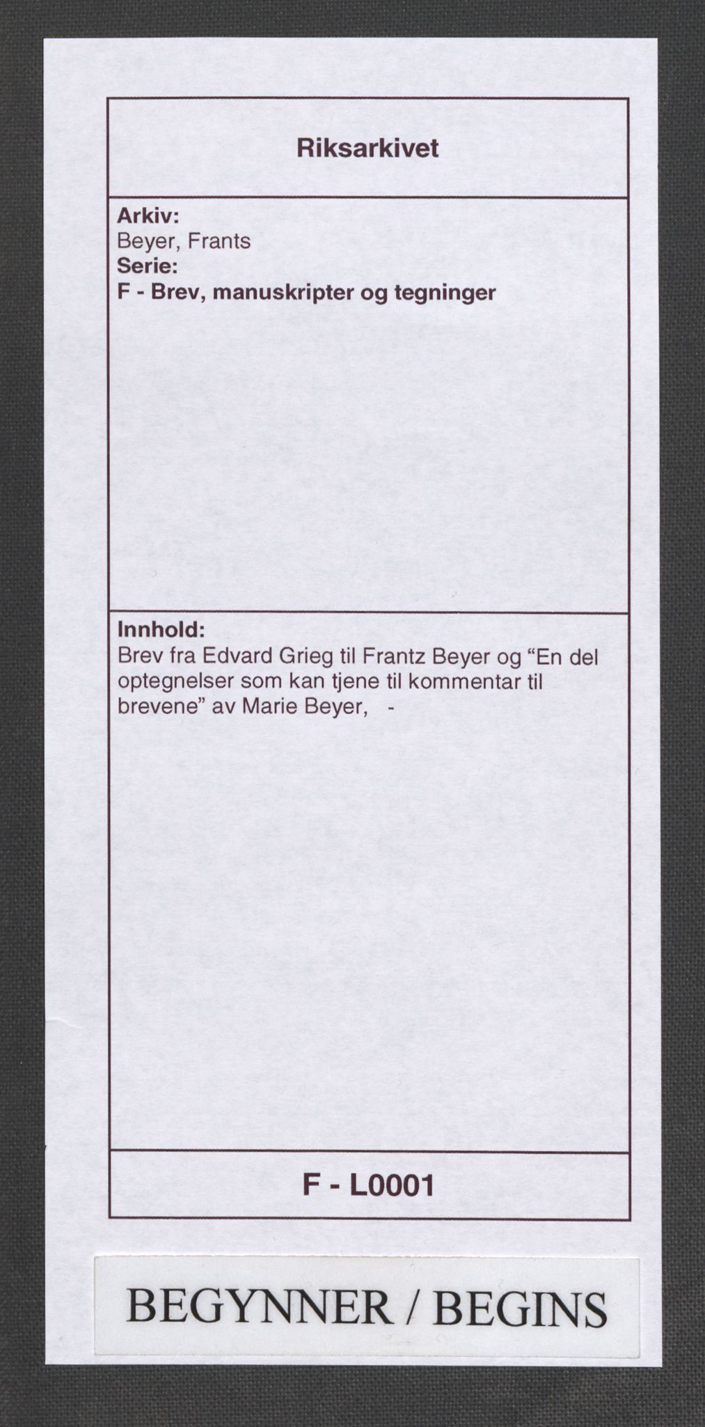Beyer, Frants, RA/PA-0132/F/L0001: Brev fra Edvard Grieg til Frantz Beyer og "En del optegnelser som kan tjene til kommentar til brevene" av Marie Beyer, 1872-1907, p. 1
