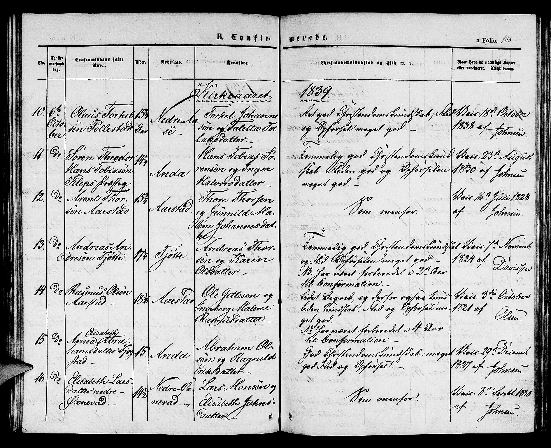 Klepp sokneprestkontor, SAST/A-101803/001/3/30BA/L0003: Parish register (official) no. A 3, 1833-1842, p. 108