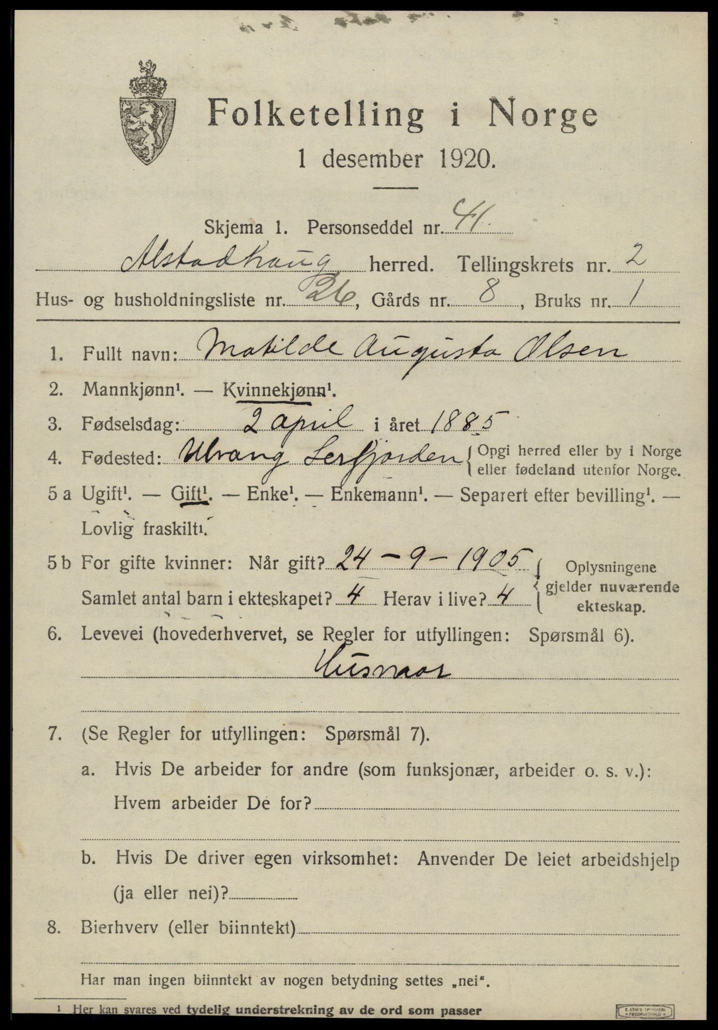 SAT, 1920 census for Alstahaug, 1920, p. 1227