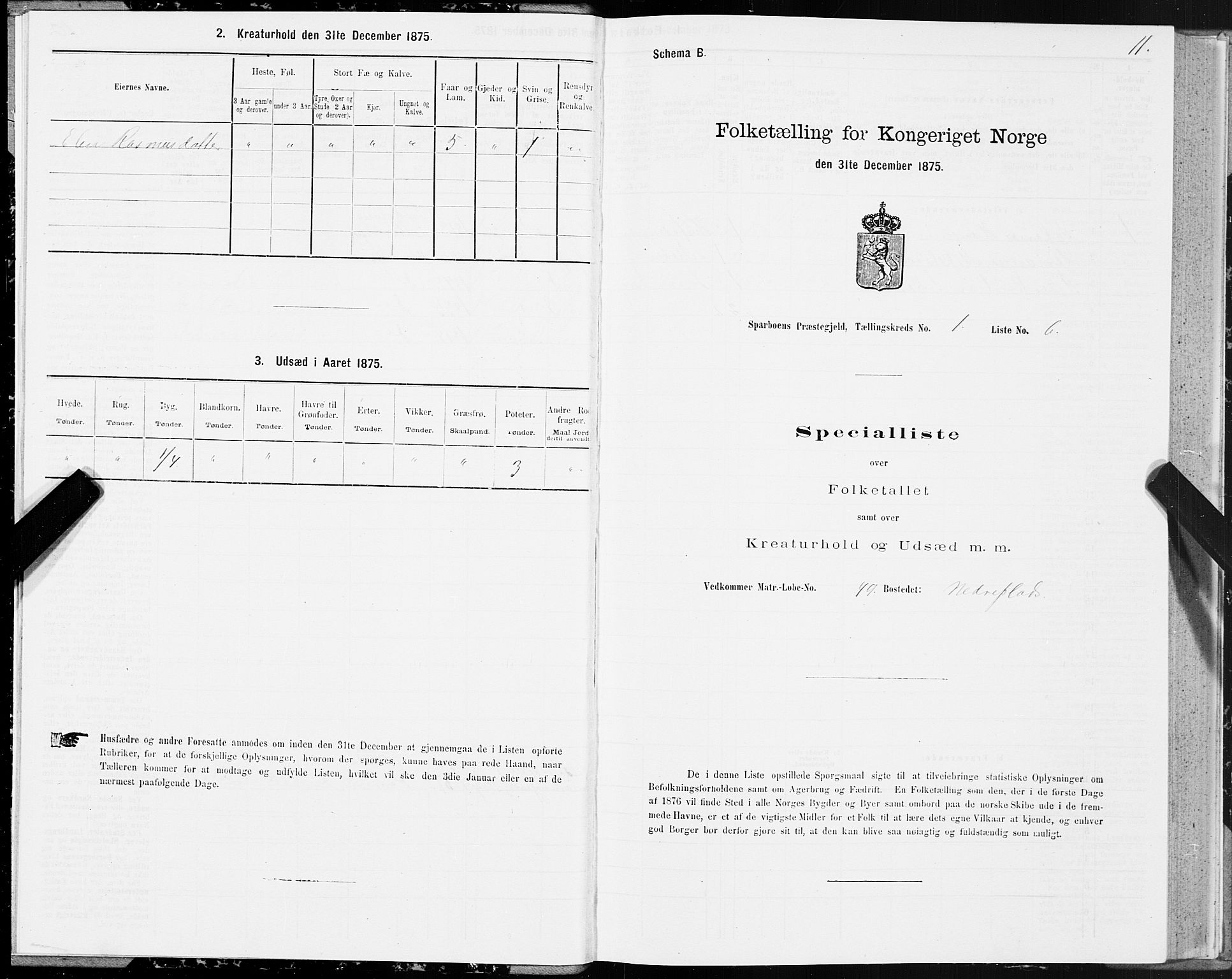 SAT, 1875 census for 1731P Sparbu, 1875, p. 1011