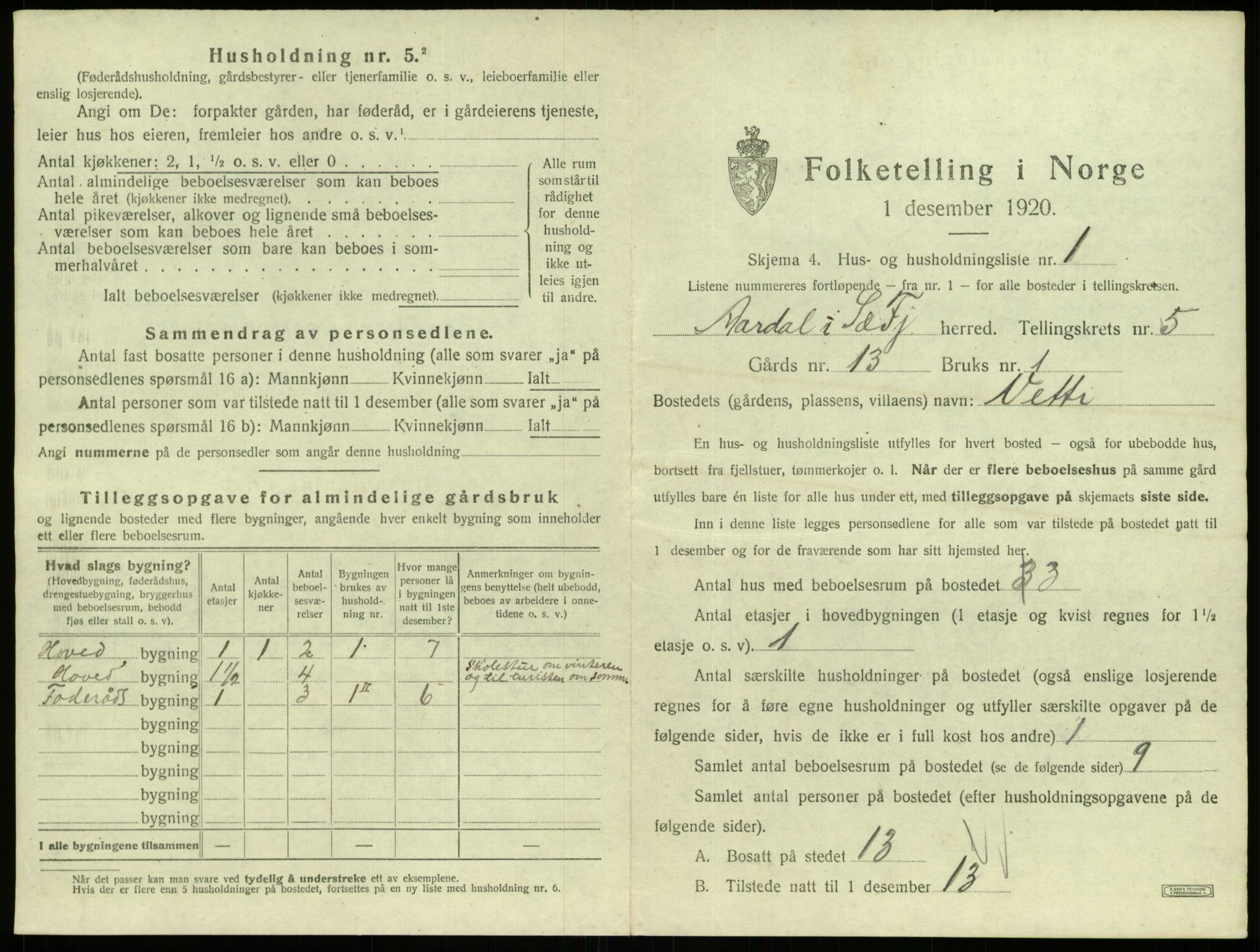 SAB, 1920 census for Årdal, 1920, p. 368