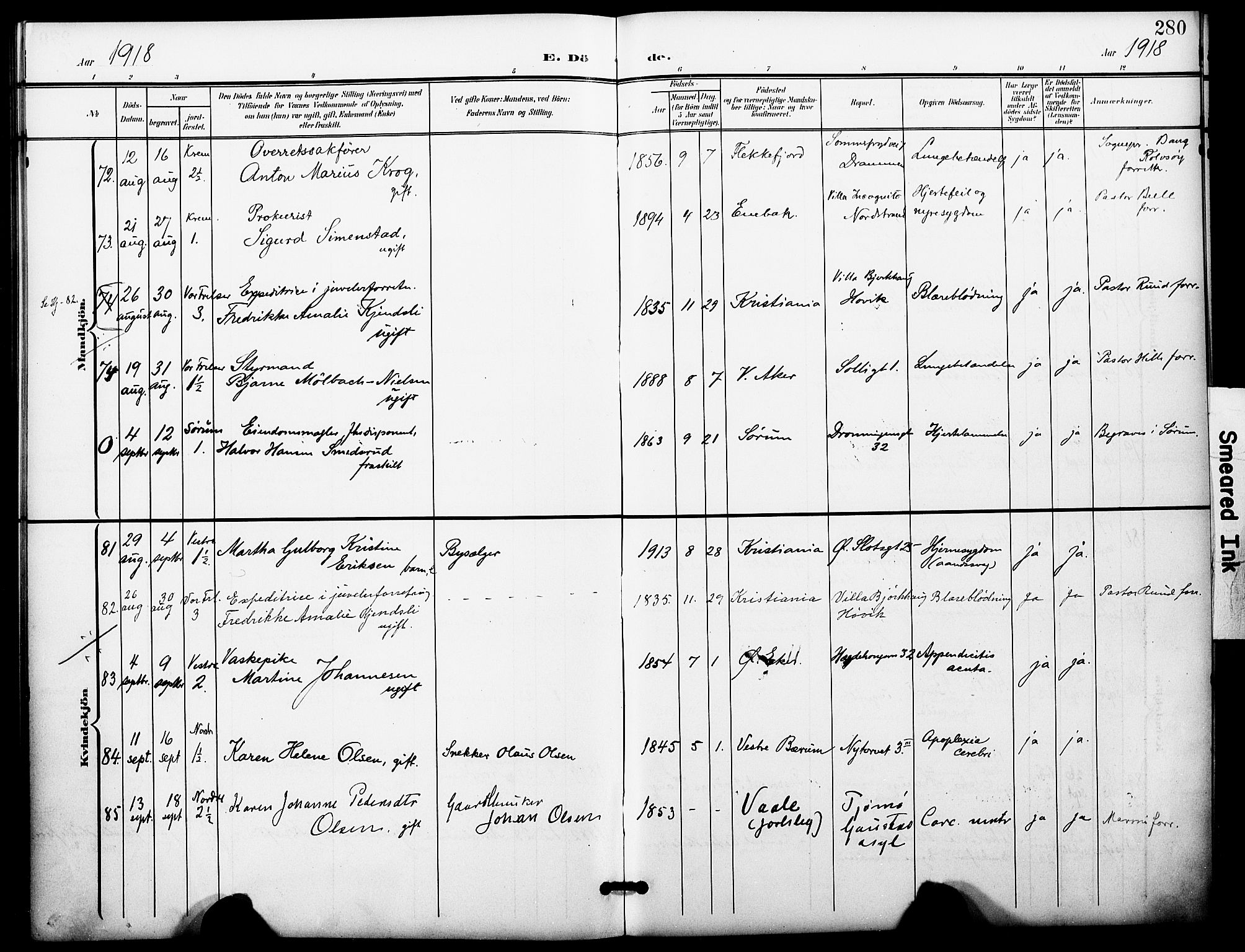 Oslo domkirke Kirkebøker, AV/SAO-A-10752/F/Fa/L0036: Parish register (official) no. 36, 1901-1919, p. 280