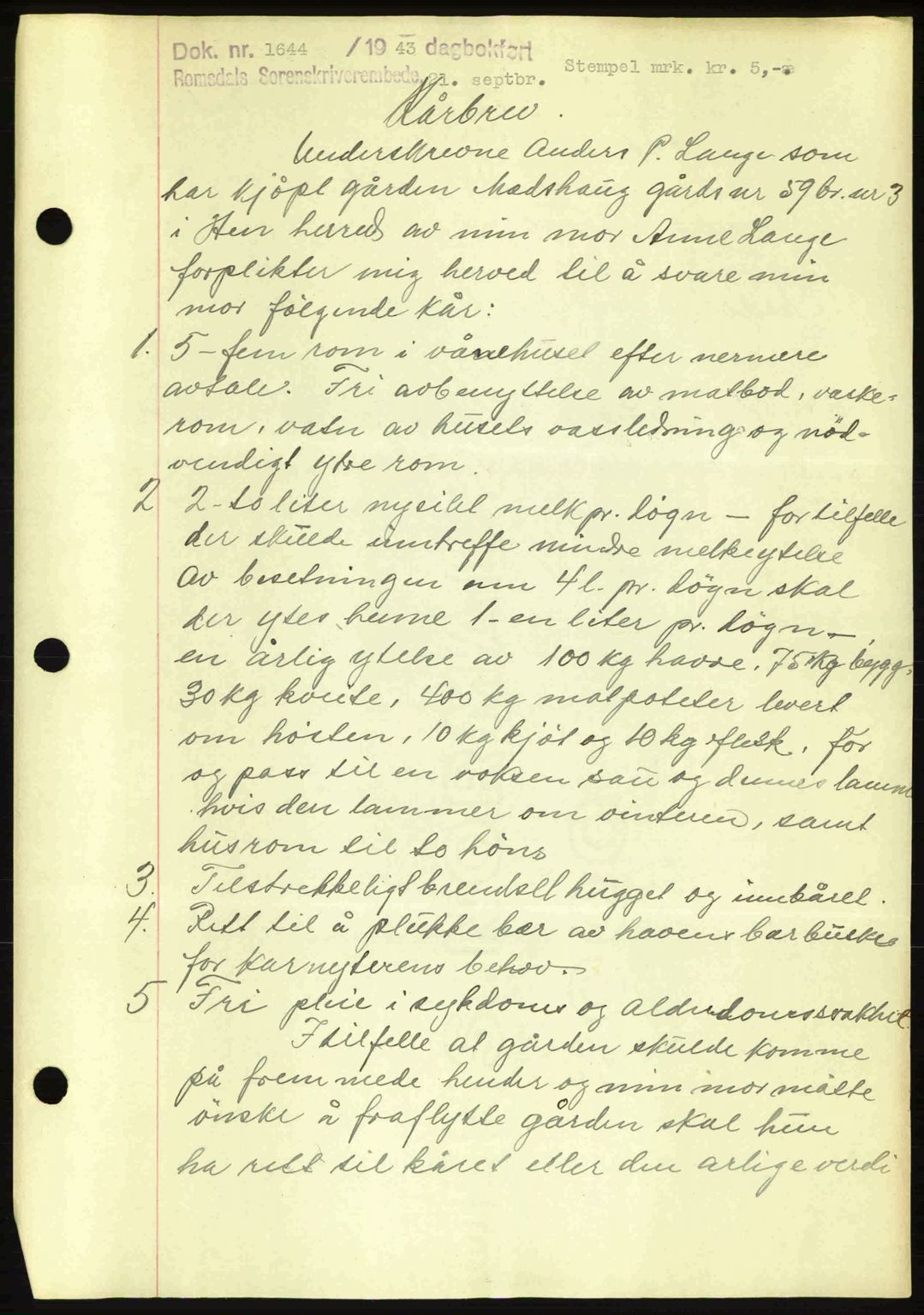 Romsdal sorenskriveri, AV/SAT-A-4149/1/2/2C: Mortgage book no. A14, 1943-1943, Diary no: : 1644/1943