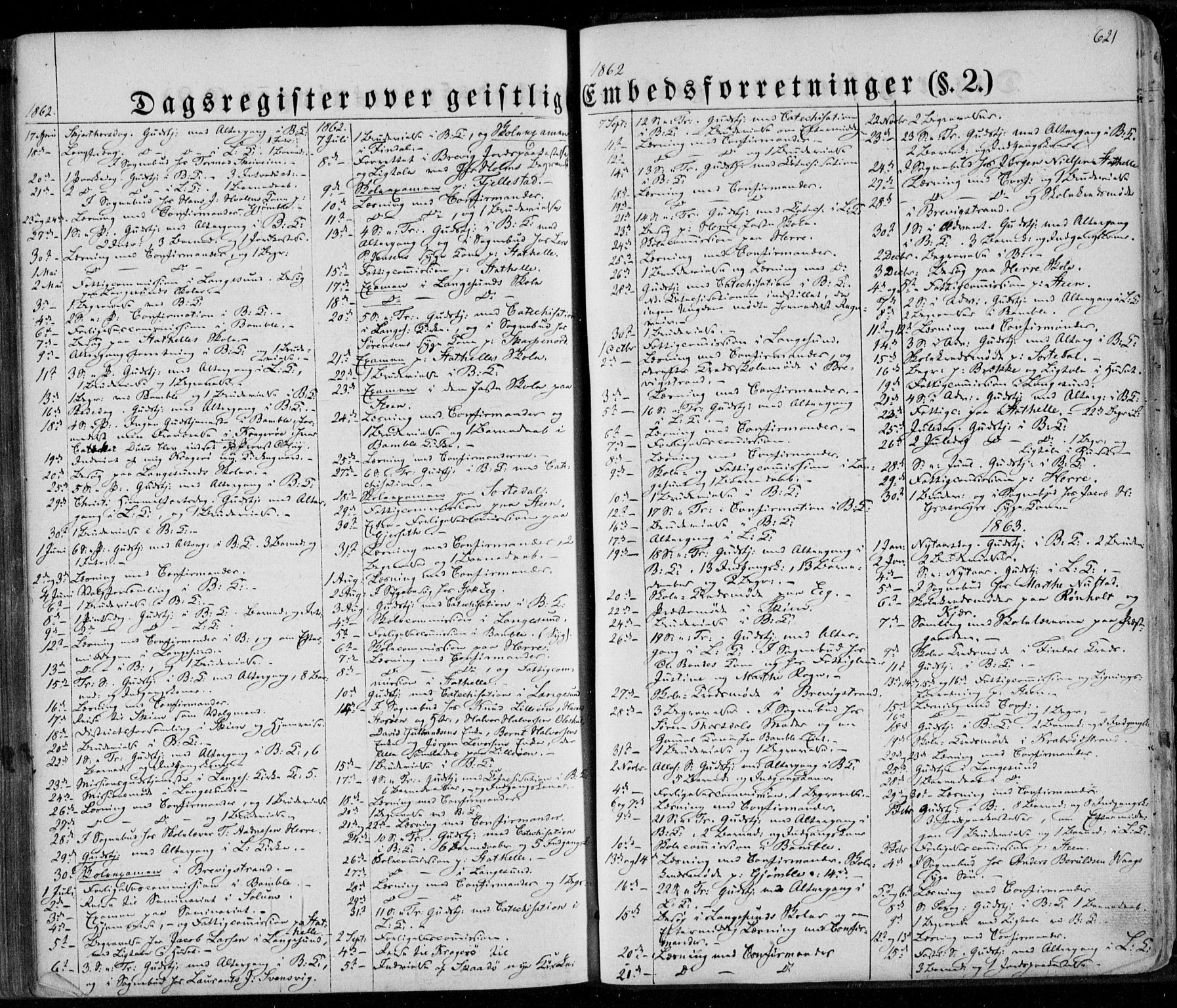 Bamble kirkebøker, SAKO/A-253/F/Fa/L0005: Parish register (official) no. I 5, 1854-1869, p. 621