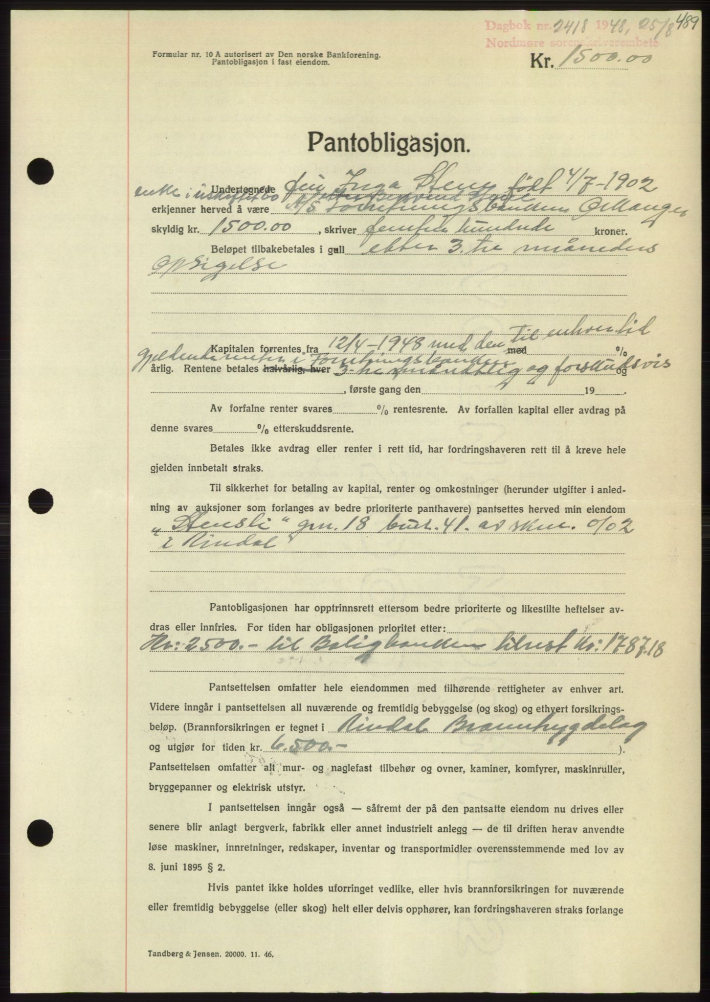 Nordmøre sorenskriveri, AV/SAT-A-4132/1/2/2Ca: Mortgage book no. B99, 1948-1948, Diary no: : 2418/1948