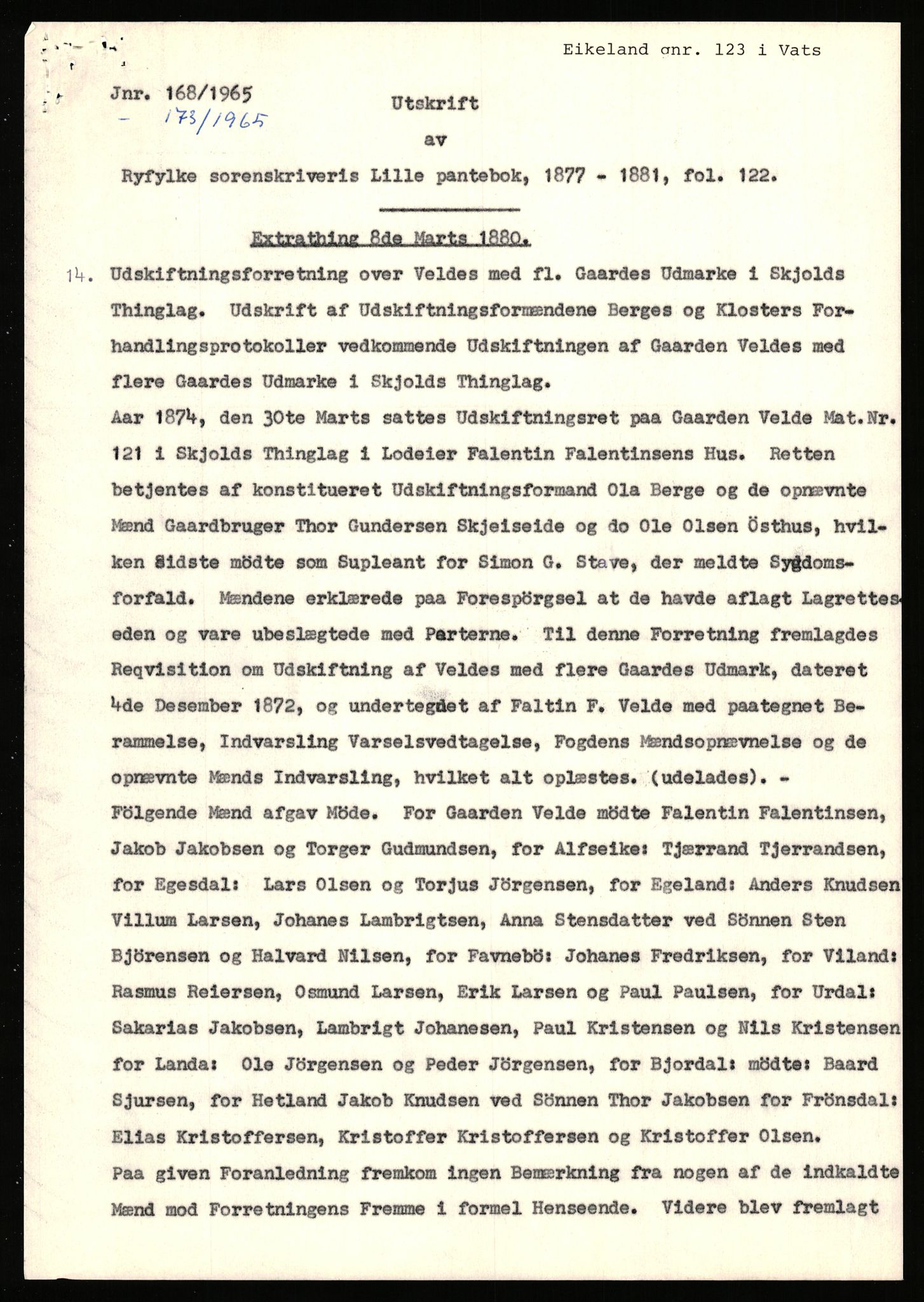 Statsarkivet i Stavanger, SAST/A-101971/03/Y/Yj/L0017: Avskrifter sortert etter gårdsnavn: Eigeland østre - Elve, 1750-1930, p. 278