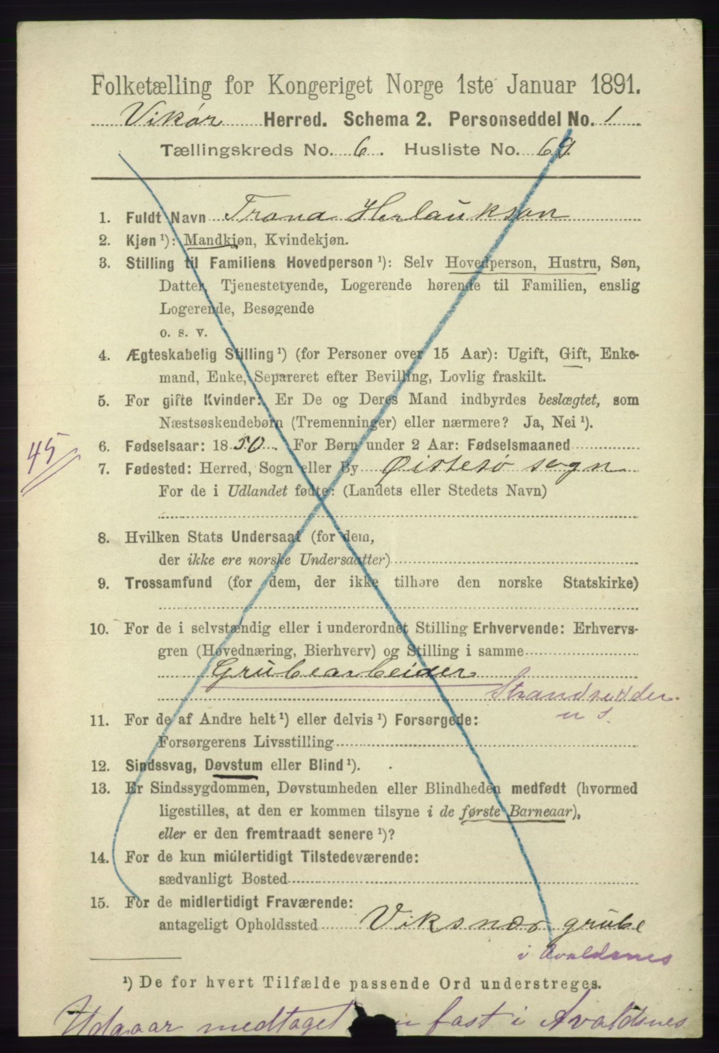 RA, 1891 census for 1238 Vikør, 1891, p. 2197