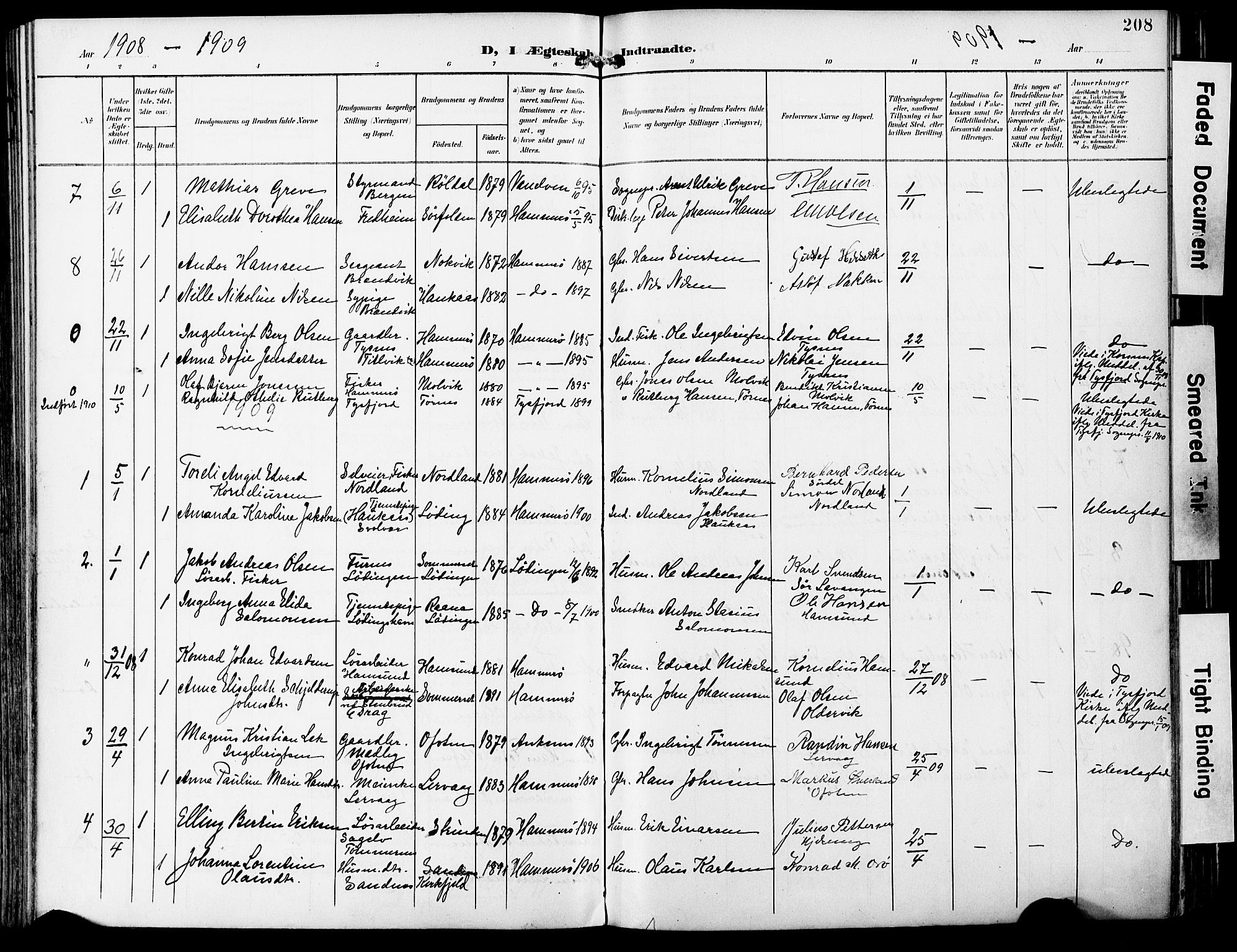 Ministerialprotokoller, klokkerbøker og fødselsregistre - Nordland, SAT/A-1459/859/L0848: Parish register (official) no. 859A08, 1900-1912, p. 208