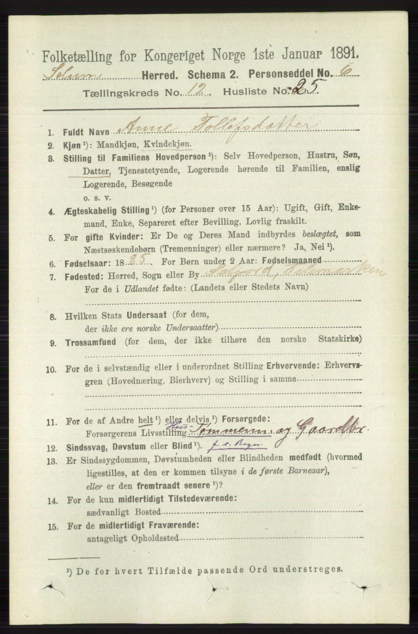 RA, 1891 census for 0818 Solum, 1891, p. 5736