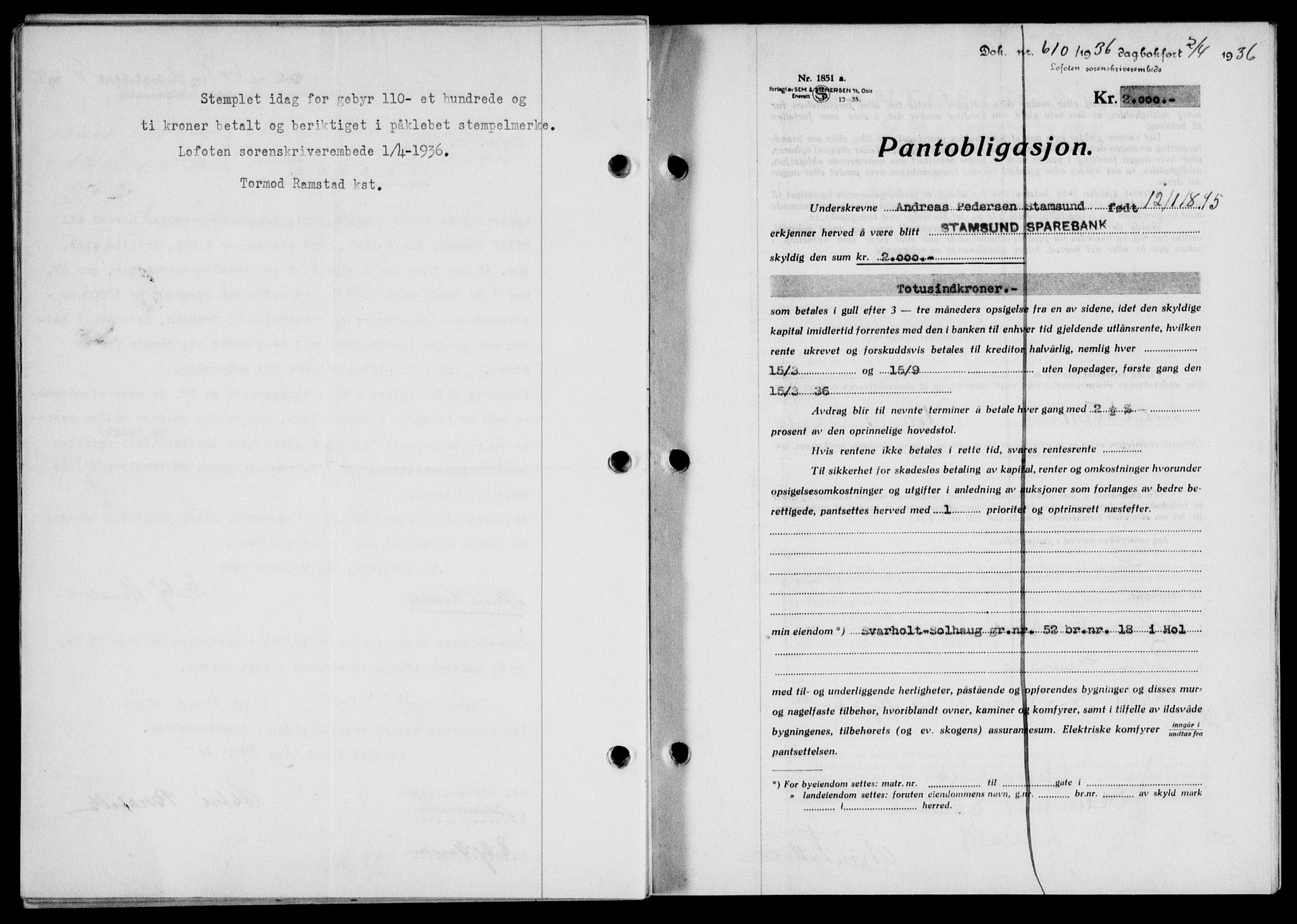 Lofoten sorenskriveri, SAT/A-0017/1/2/2C/L0033b: Mortgage book no. 33b, 1936-1936, Diary no: : 610/1936