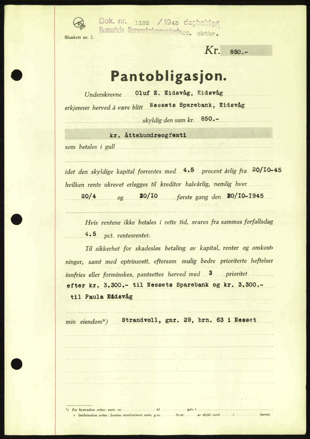 Romsdal sorenskriveri, AV/SAT-A-4149/1/2/2C: Mortgage book no. B2, 1939-1945, Diary no: : 1182/1945