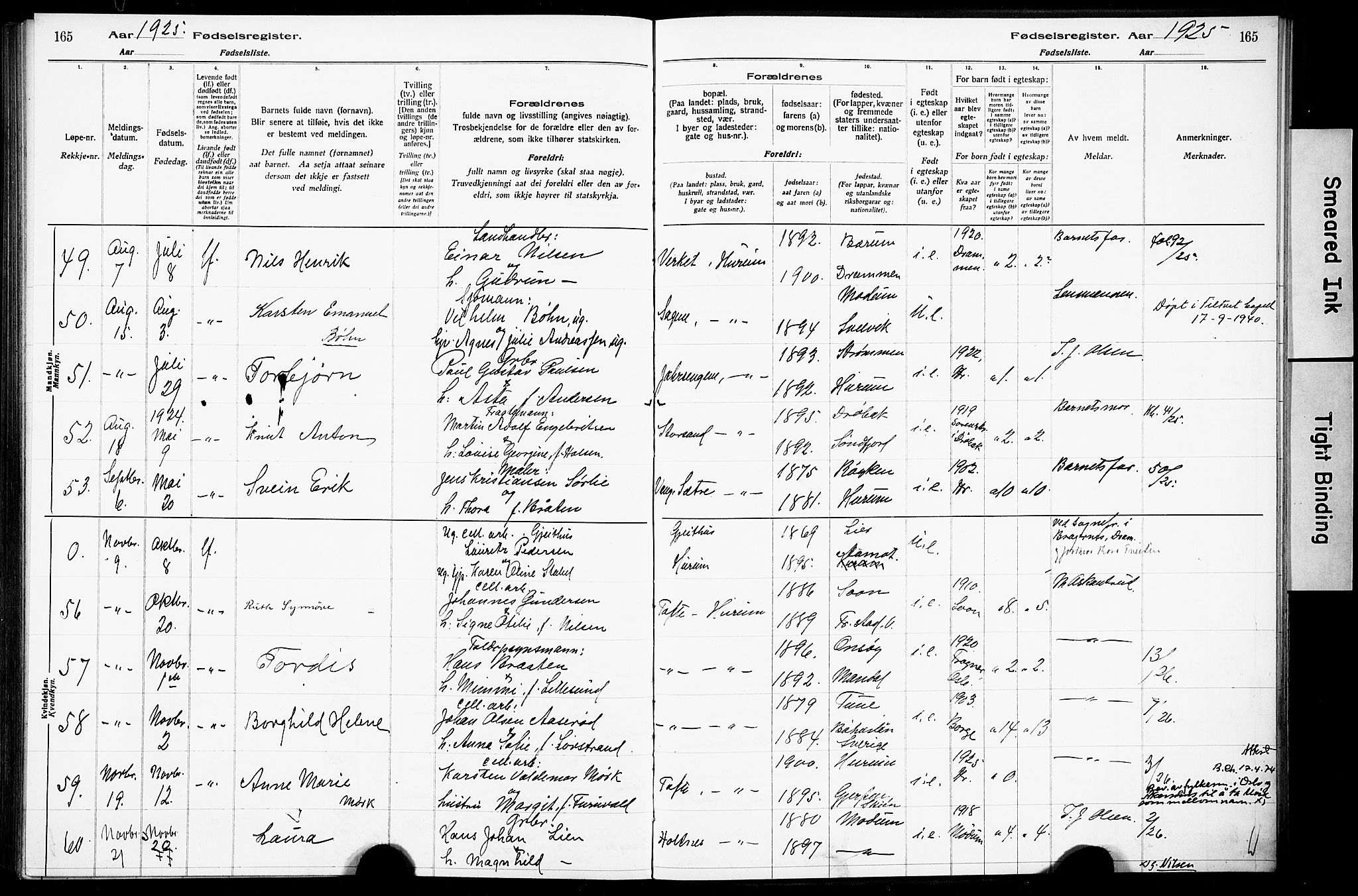 Hurum kirkebøker, AV/SAKO-A-229/J/Ja/L0001: Birth register no. 1, 1916-1928, p. 165