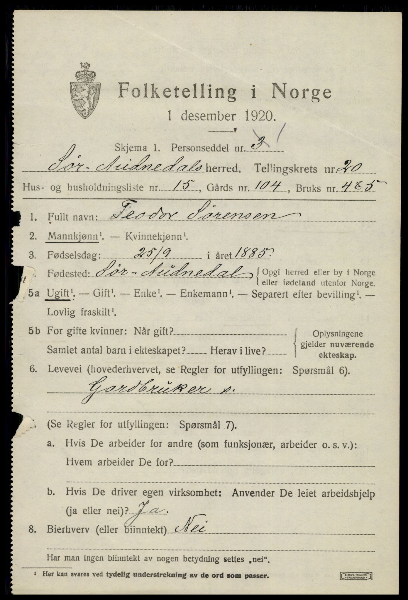 SAK, 1920 census for Sør-Audnedal, 1920, p. 6837