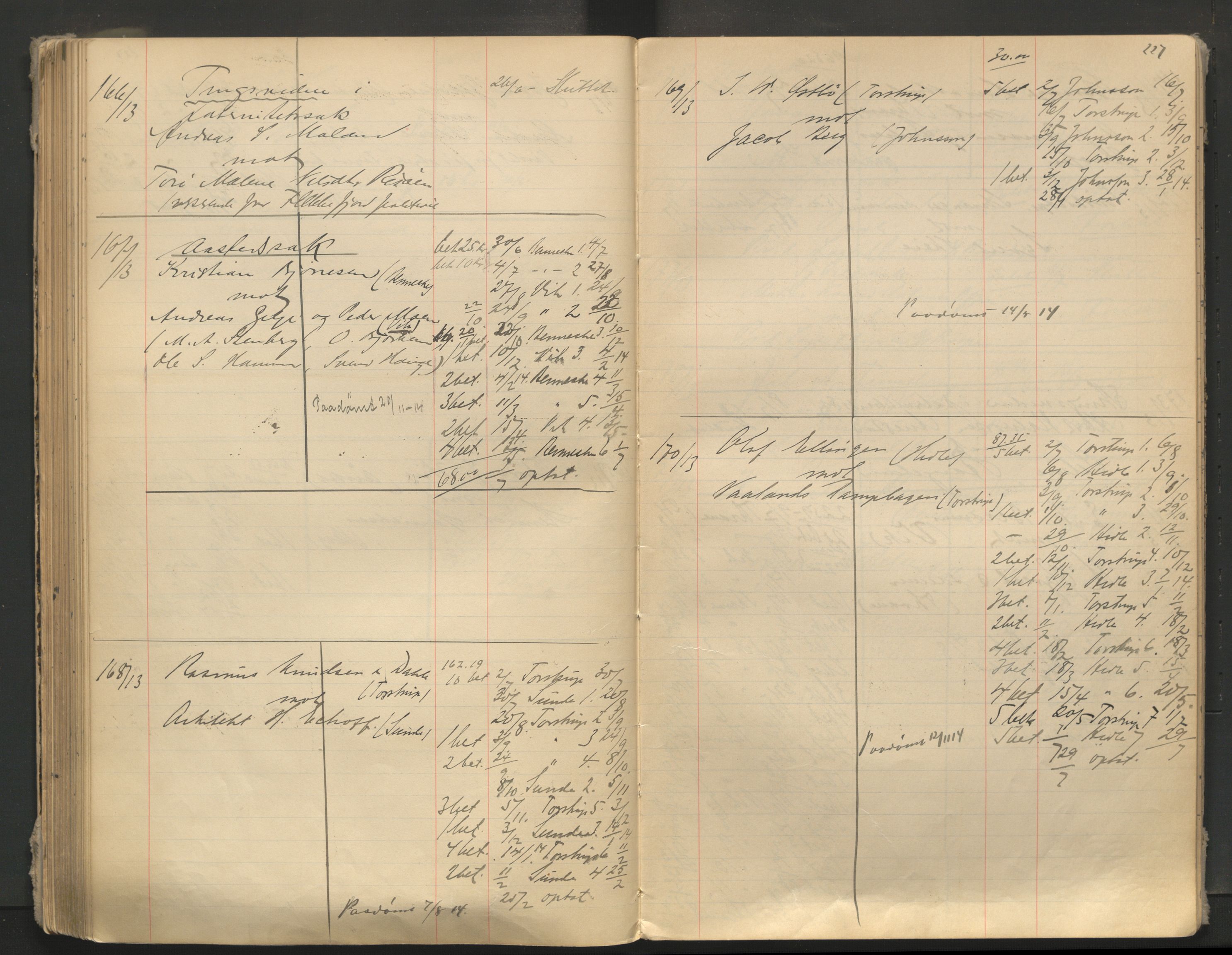 Stavanger byfogd, AV/SAST-A-101408/001/3/32/32A/L0005: Saksliste for Stavanger byting, 1910-1914, p. 226-227