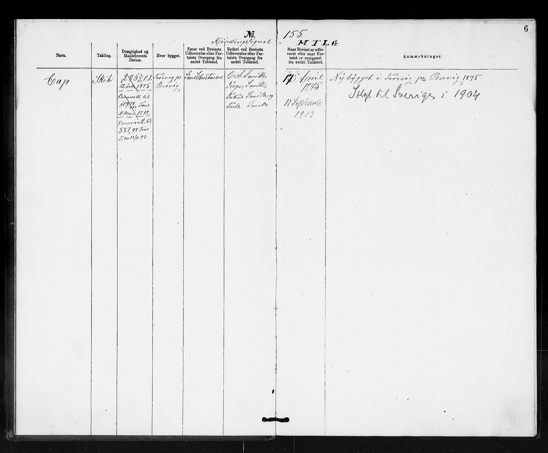 Tvedestrand tollsted, AV/SAK-1351-0011/H/Ha/L0080: Utstedte nasjonalitetsbevis, 1874-1911, p. 6