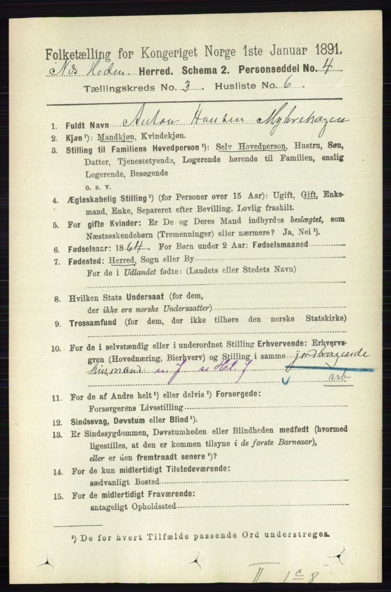 RA, 1891 census for 0411 Nes, 1891, p. 1625