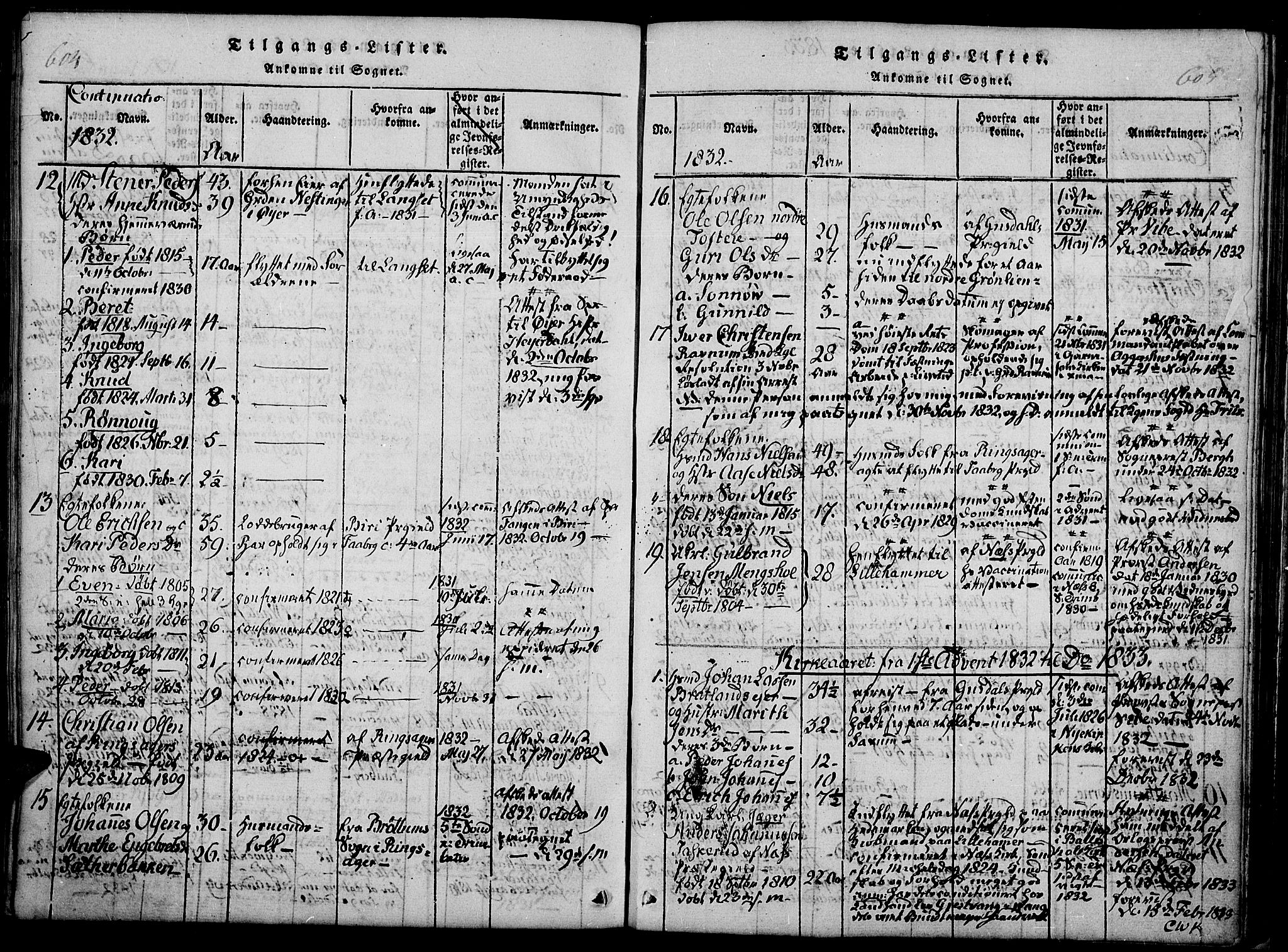 Fåberg prestekontor, AV/SAH-PREST-086/H/Ha/Haa/L0003: Parish register (official) no. 3, 1818-1833, p. 604-605