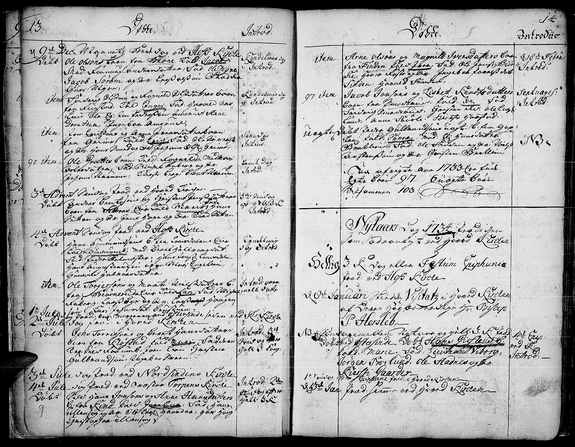 Land prestekontor, SAH/PREST-120/H/Ha/Haa/L0002: Parish register (official) no. 2, 1733-1764, p. 13-14