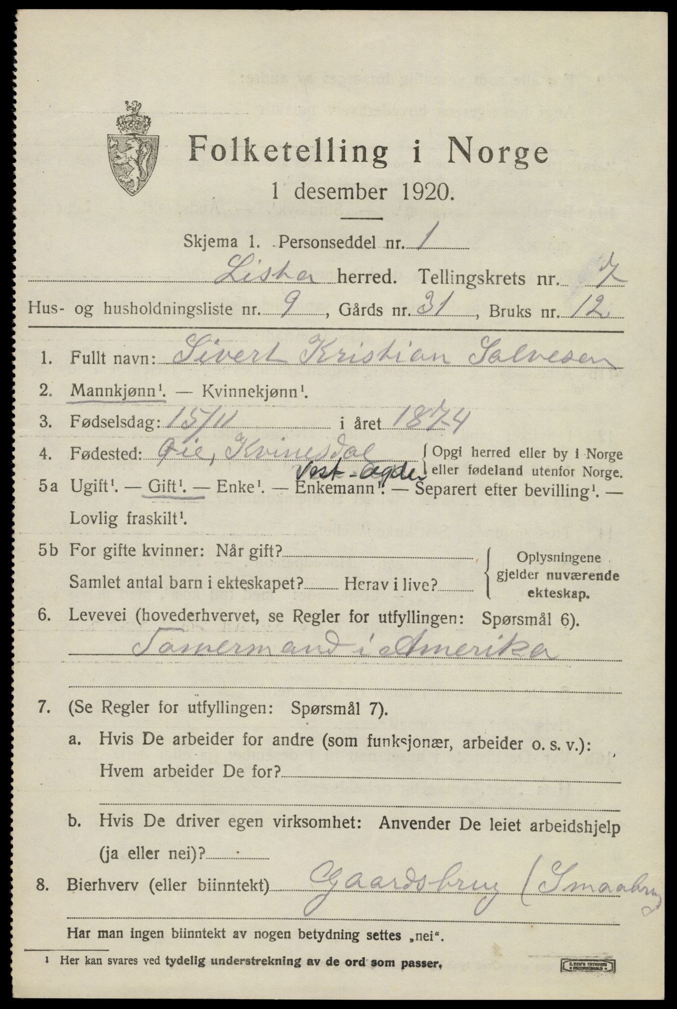 SAK, 1920 census for Lista, 1920, p. 7045