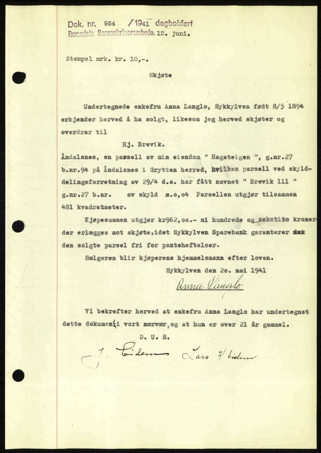 Romsdal sorenskriveri, AV/SAT-A-4149/1/2/2C: Mortgage book no. A10, 1941-1941, Diary no: : 954/1941