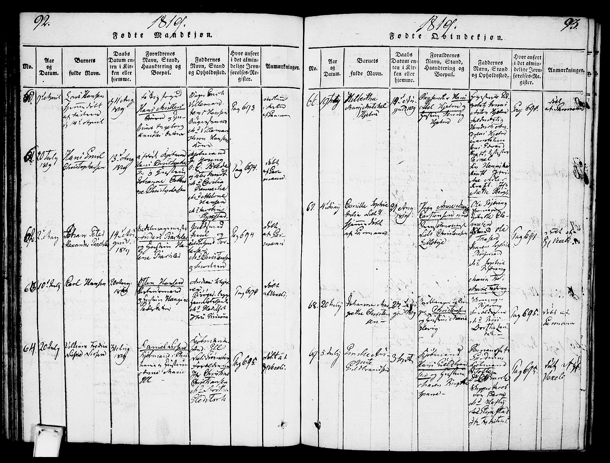 Oslo domkirke Kirkebøker, SAO/A-10752/F/Fa/L0007: Parish register (official) no. 7, 1817-1824, p. 92-93