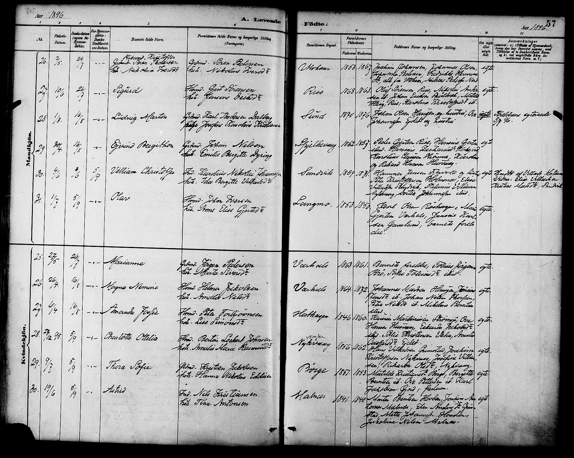 Ministerialprotokoller, klokkerbøker og fødselsregistre - Nordland, AV/SAT-A-1459/892/L1320: Parish register (official) no. 892A01, 1886-1901, p. 57