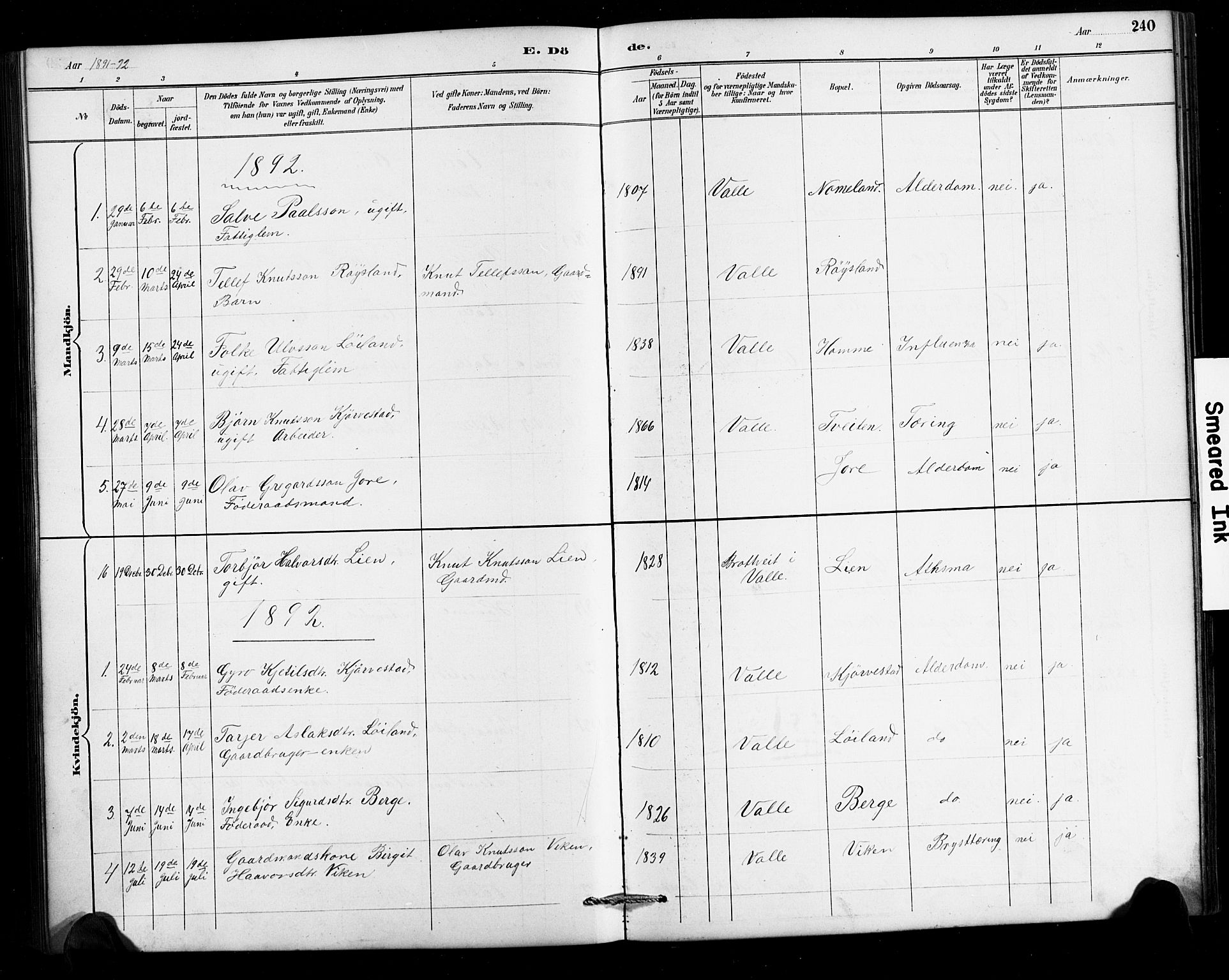 Valle sokneprestkontor, SAK/1111-0044/F/Fb/Fbc/L0004: Parish register (copy) no. B 4, 1890-1928, p. 240