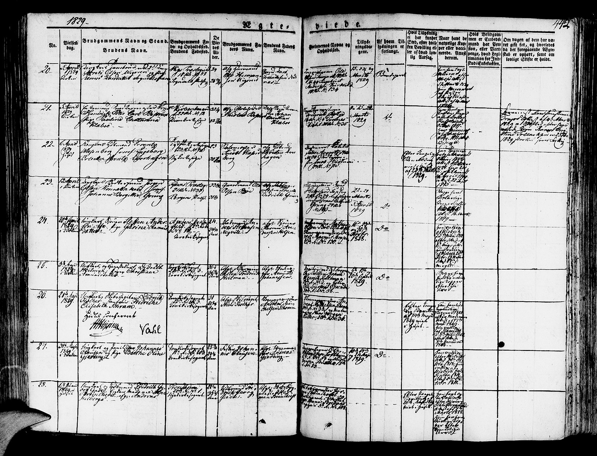 Korskirken sokneprestembete, AV/SAB-A-76101/H/Haa/L0014: Parish register (official) no. A 14, 1823-1835, p. 442