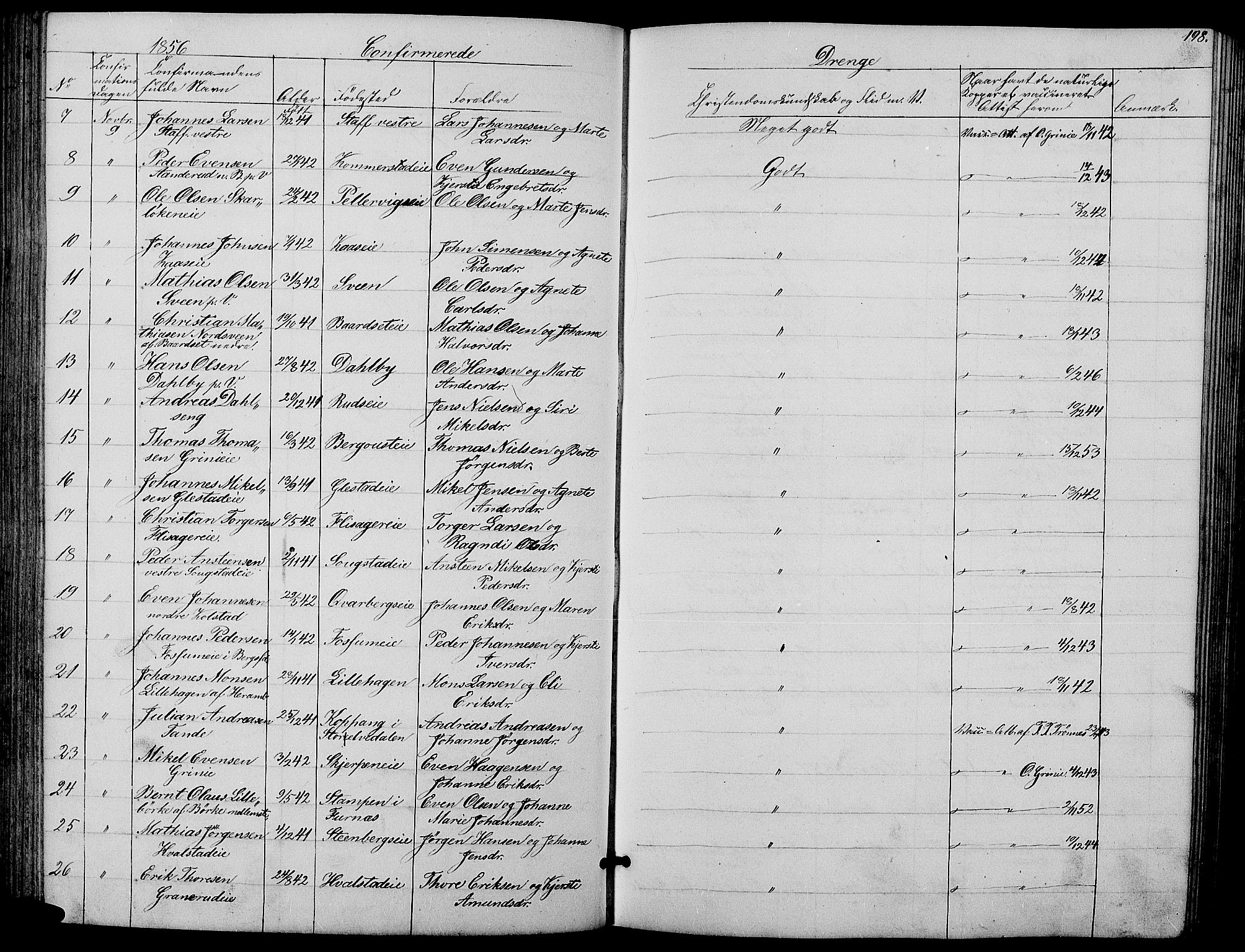 Ringsaker prestekontor, SAH/PREST-014/L/La/L0006: Parish register (copy) no. 6, 1851-1860, p. 198