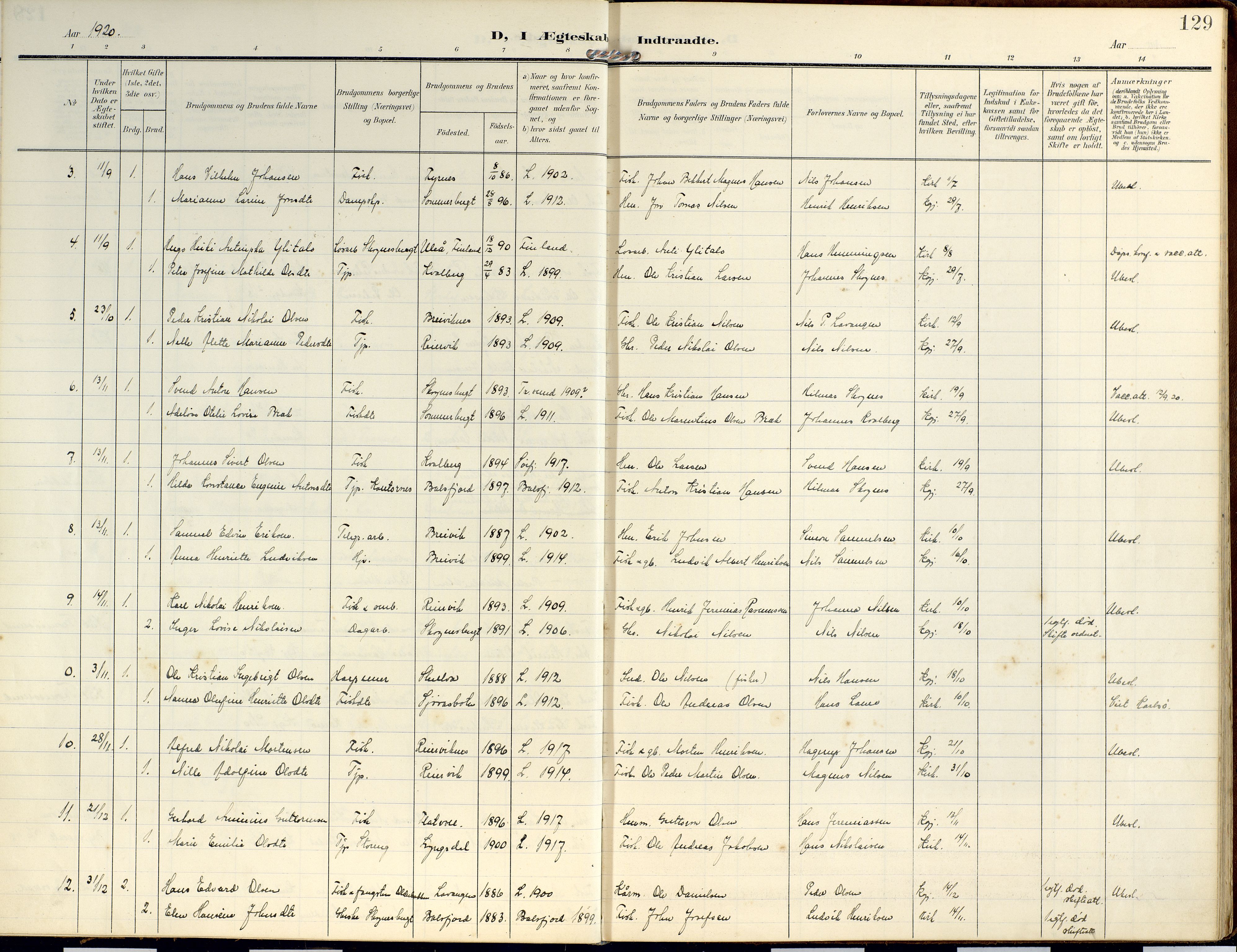 Lyngen sokneprestembete, AV/SATØ-S-1289/H/He/Hea/L0014kirke: Parish register (official) no. 14, 1905-1920, p. 129