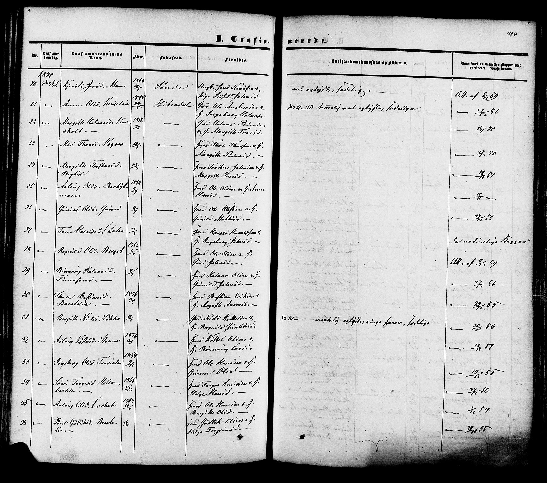 Heddal kirkebøker, SAKO/A-268/F/Fa/L0007: Parish register (official) no. I 7, 1855-1877, p. 284