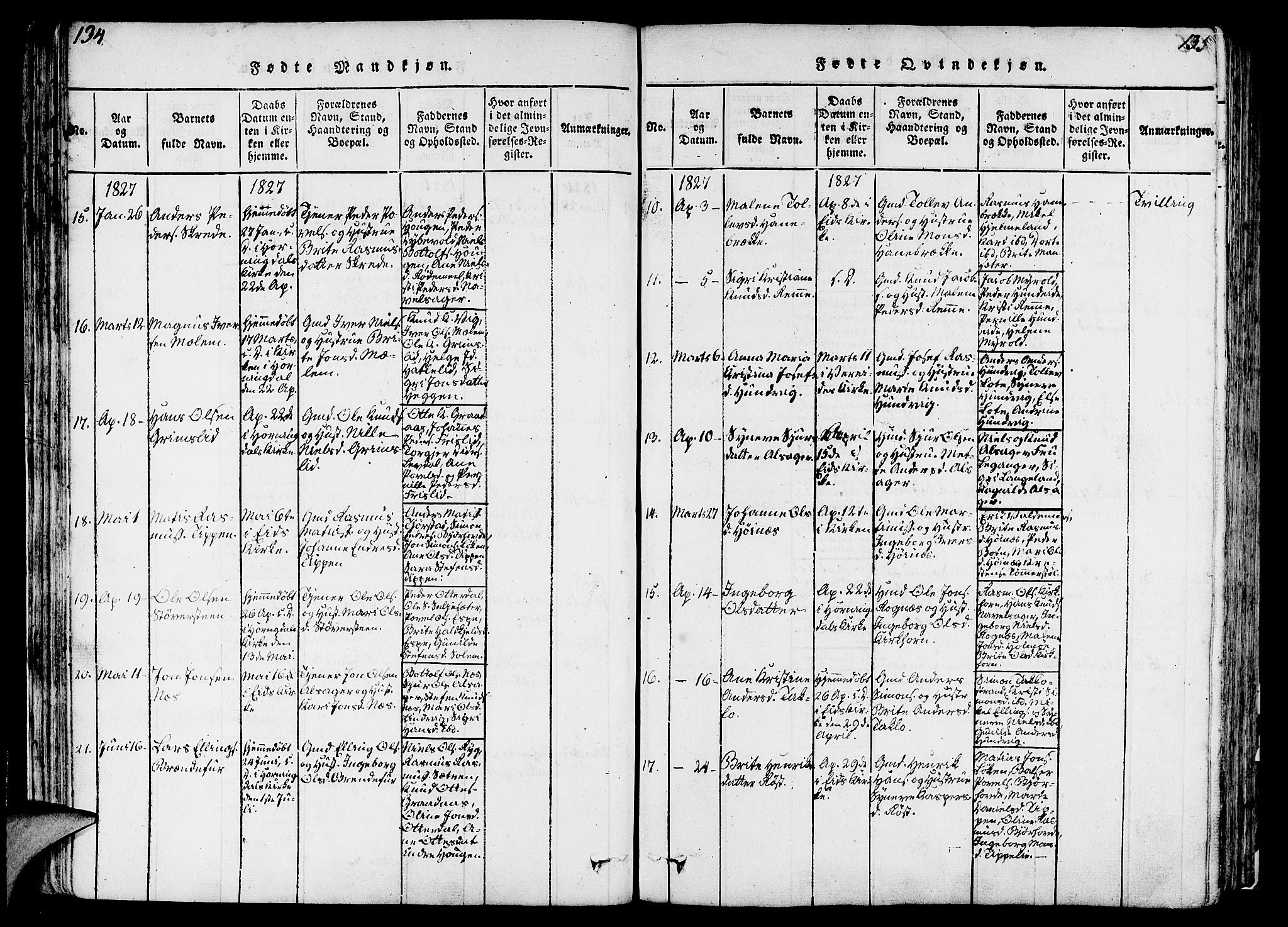 Eid sokneprestembete, AV/SAB-A-82301/H/Haa/Haaa/L0005: Parish register (official) no. A 5, 1816-1830, p. 134-135