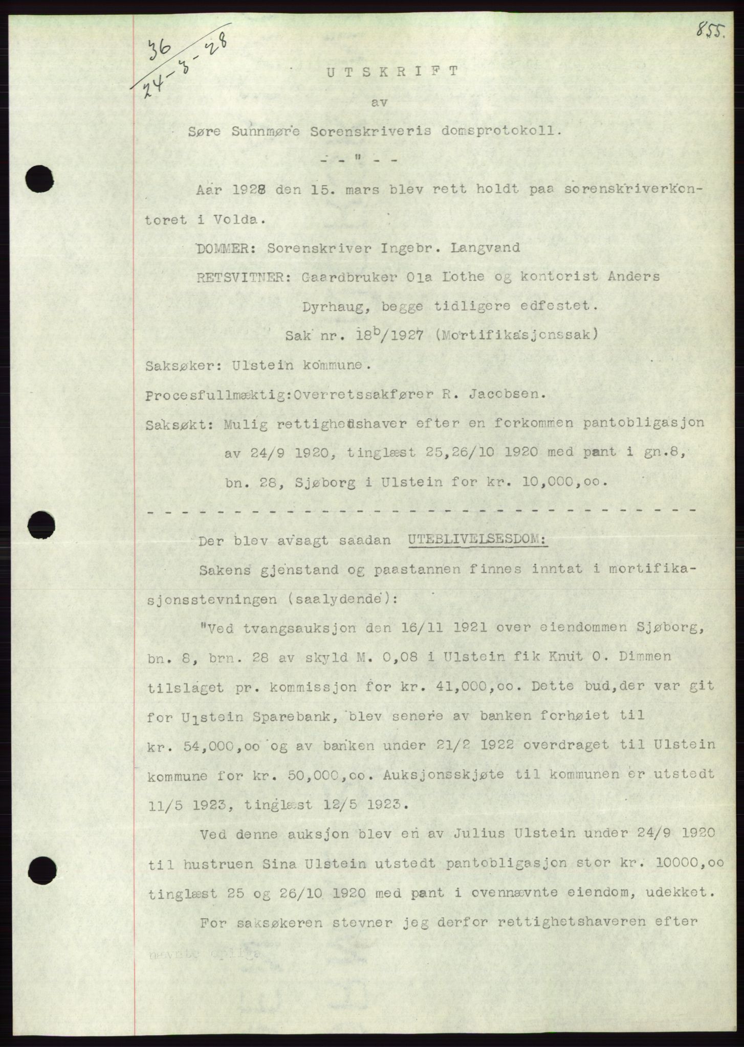 Søre Sunnmøre sorenskriveri, AV/SAT-A-4122/1/2/2C/L0047: Mortgage book no. 41, 1927-1928, Deed date: 24.03.1928