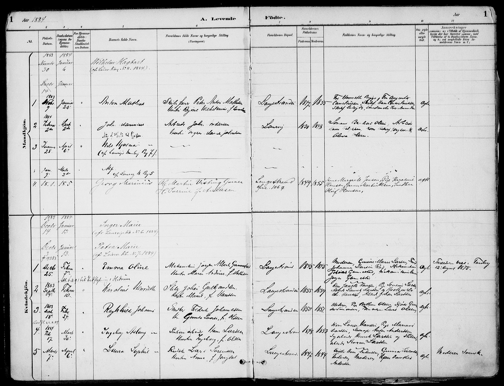 Larvik kirkebøker, AV/SAKO-A-352/F/Fb/L0004: Parish register (official) no. II 4, 1884-1902, p. 1